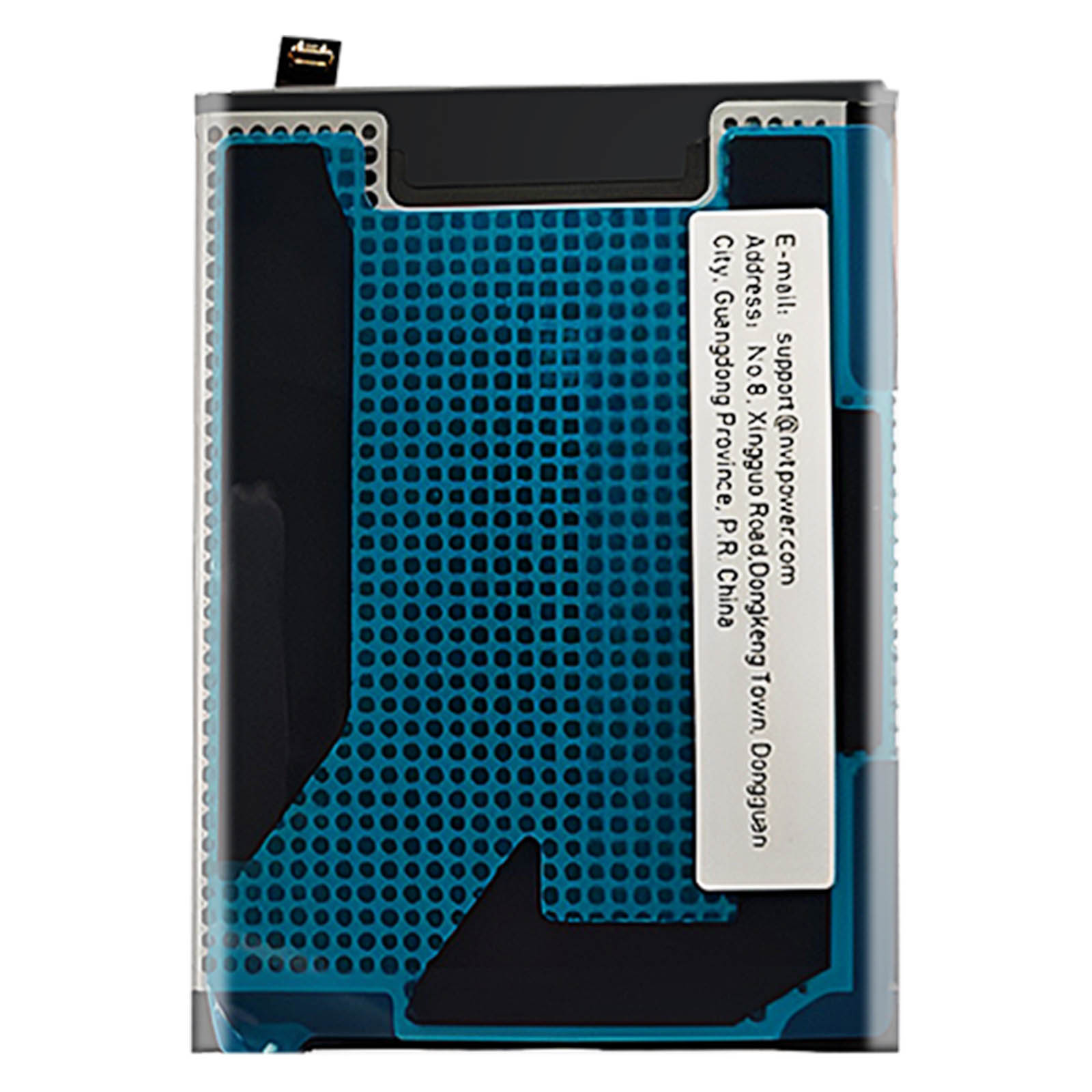 Una batteria nera con motivo a griglia blu e testo bianco.