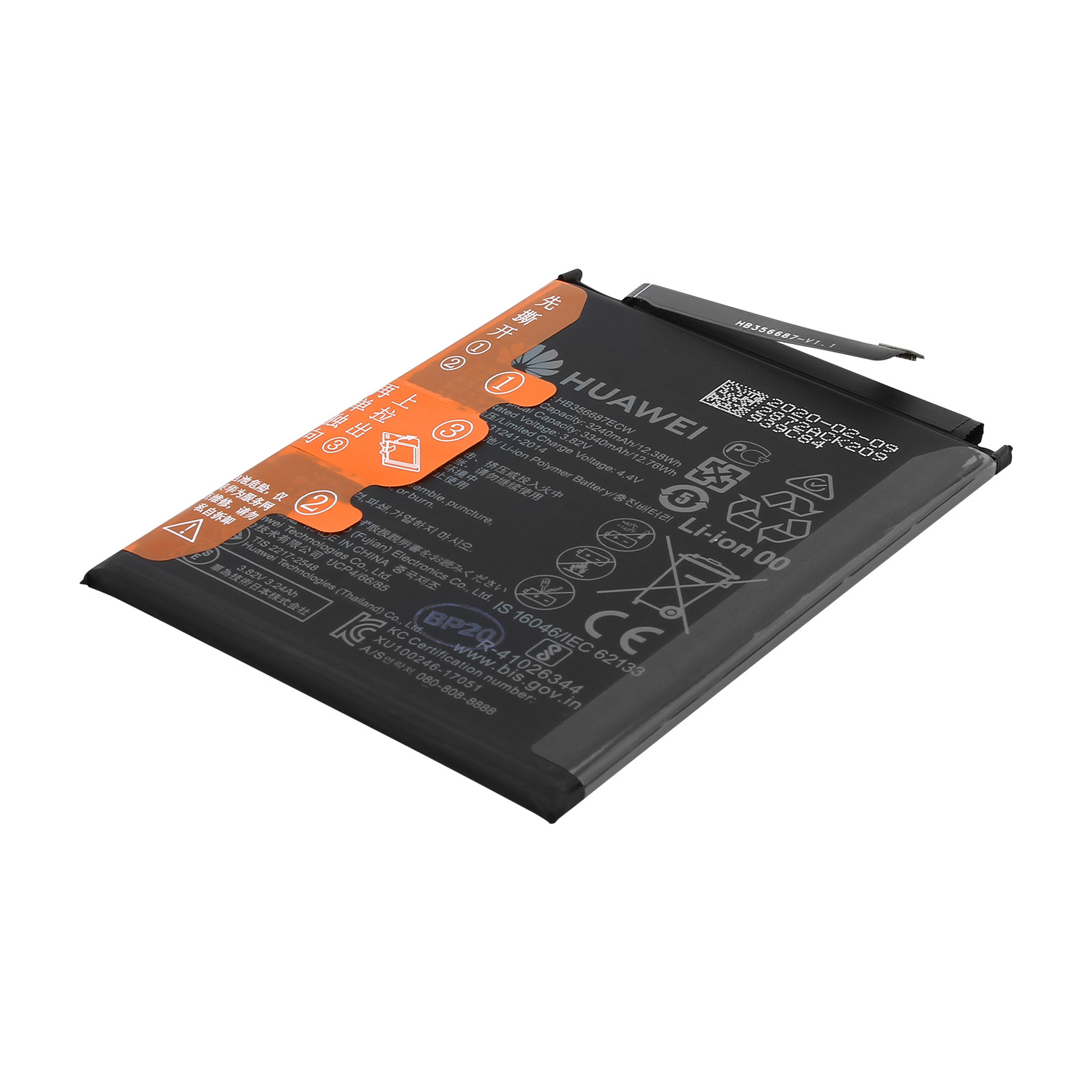 Batteria nera Huawei Li-ion con adesivi e informazioni sul prodotto.