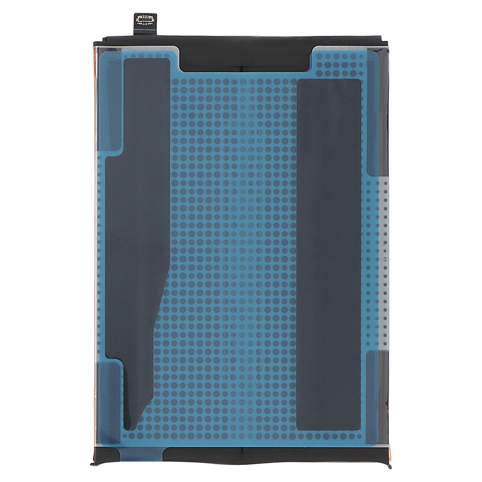 Una batteria piatta e rettangolare con motivo a punti blu e strisce adesive nere.