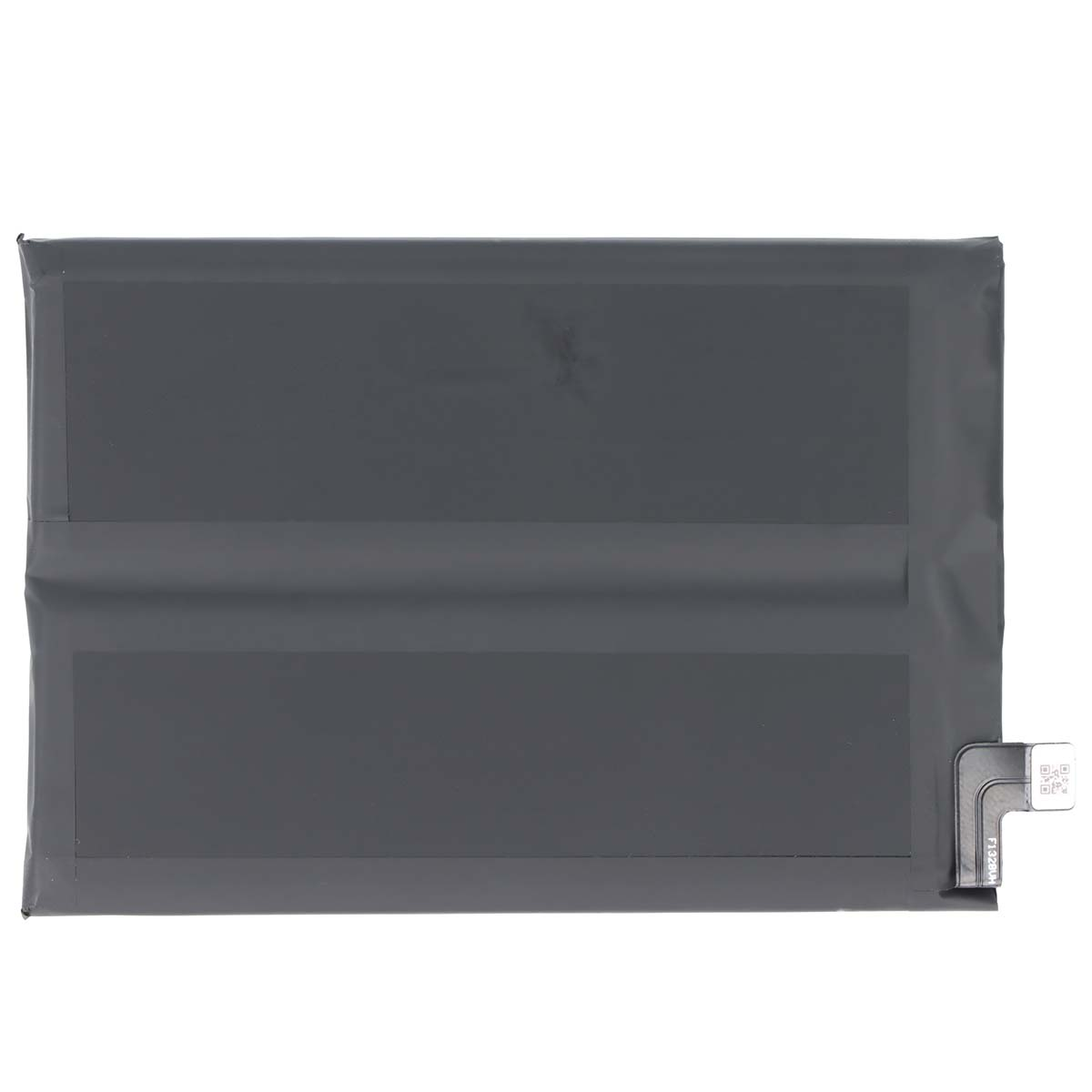 Graue rechteckige Batterie mit Kabelanschluss und QR-Code.