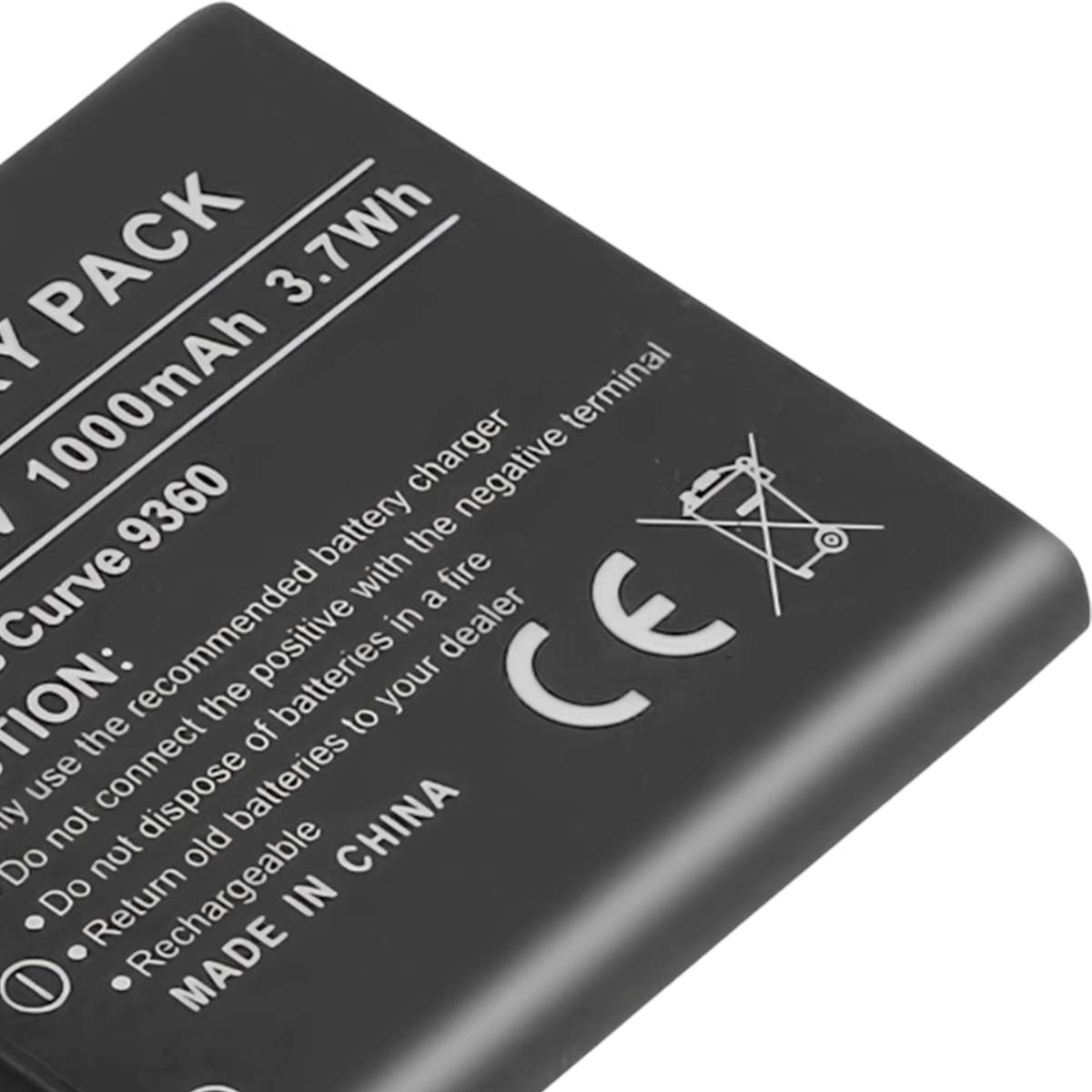 Batteria nera con testo, 1000mAh, 3.7Wh, marchio CE.