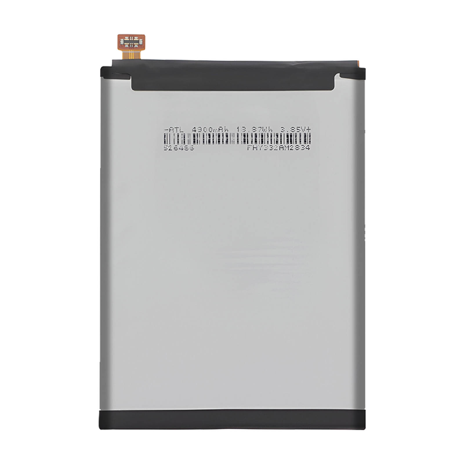 Una batteria rettangolare con un cavo di collegamento nero in alto.