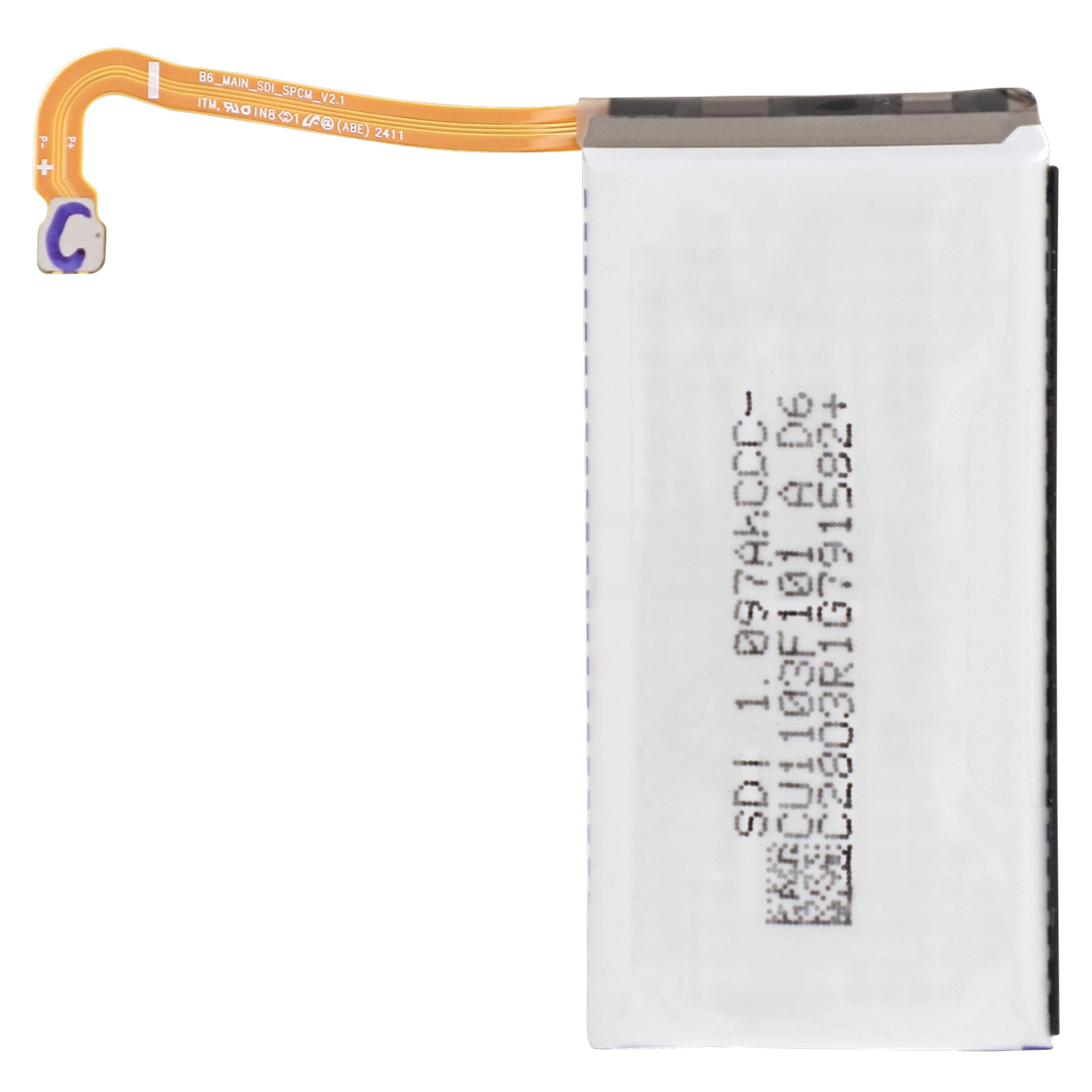 Une batterie blanche avec un câble plat orange et des inscriptions noires.