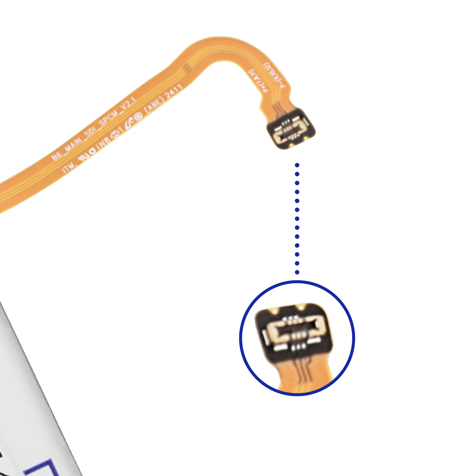 Un câble flexible orange avec points de soudure et texte sur fond blanc.