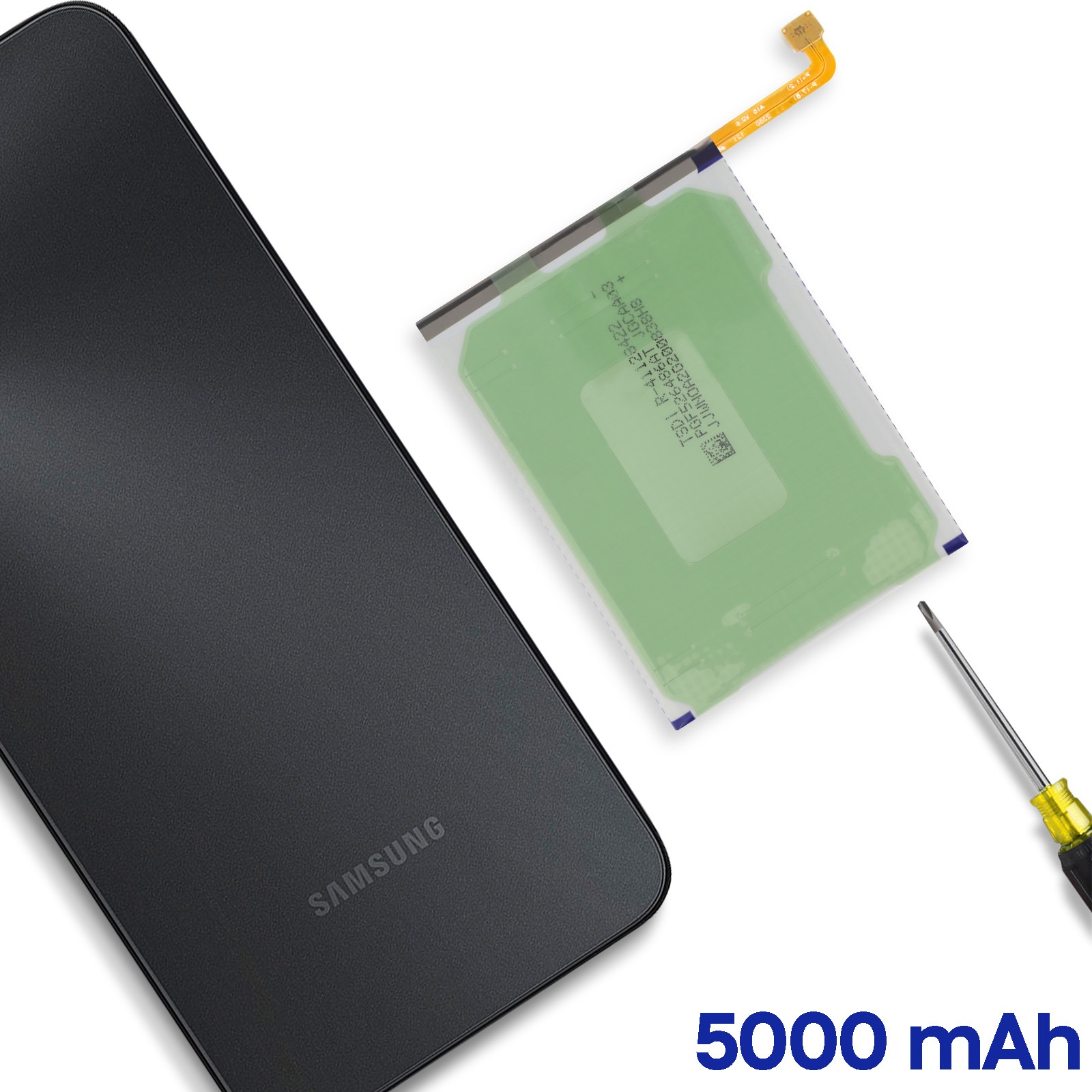 Schwarzes Samsung-Telefon mit grünem 5000-mAh-Akku und Schraubendreher.