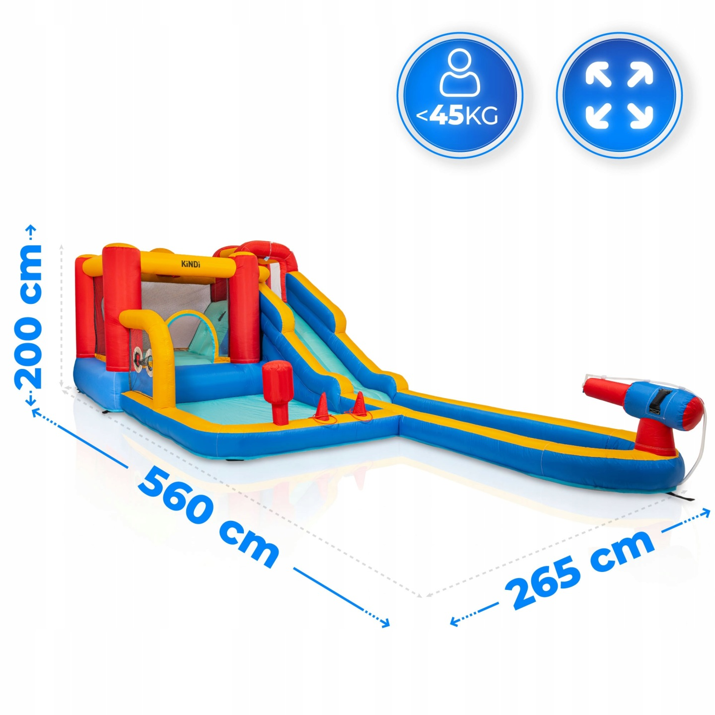 Aufblasbare Wasserrutsche mit Pool, Kletterwand und Wasserkanone.