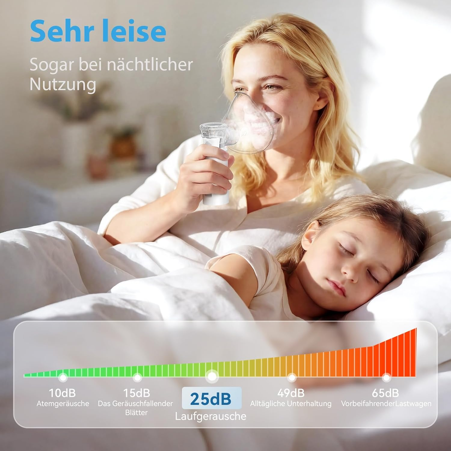 Frau benutzt Vernebler für Kind im Bett. Leiser Betrieb wird hervorgehoben.