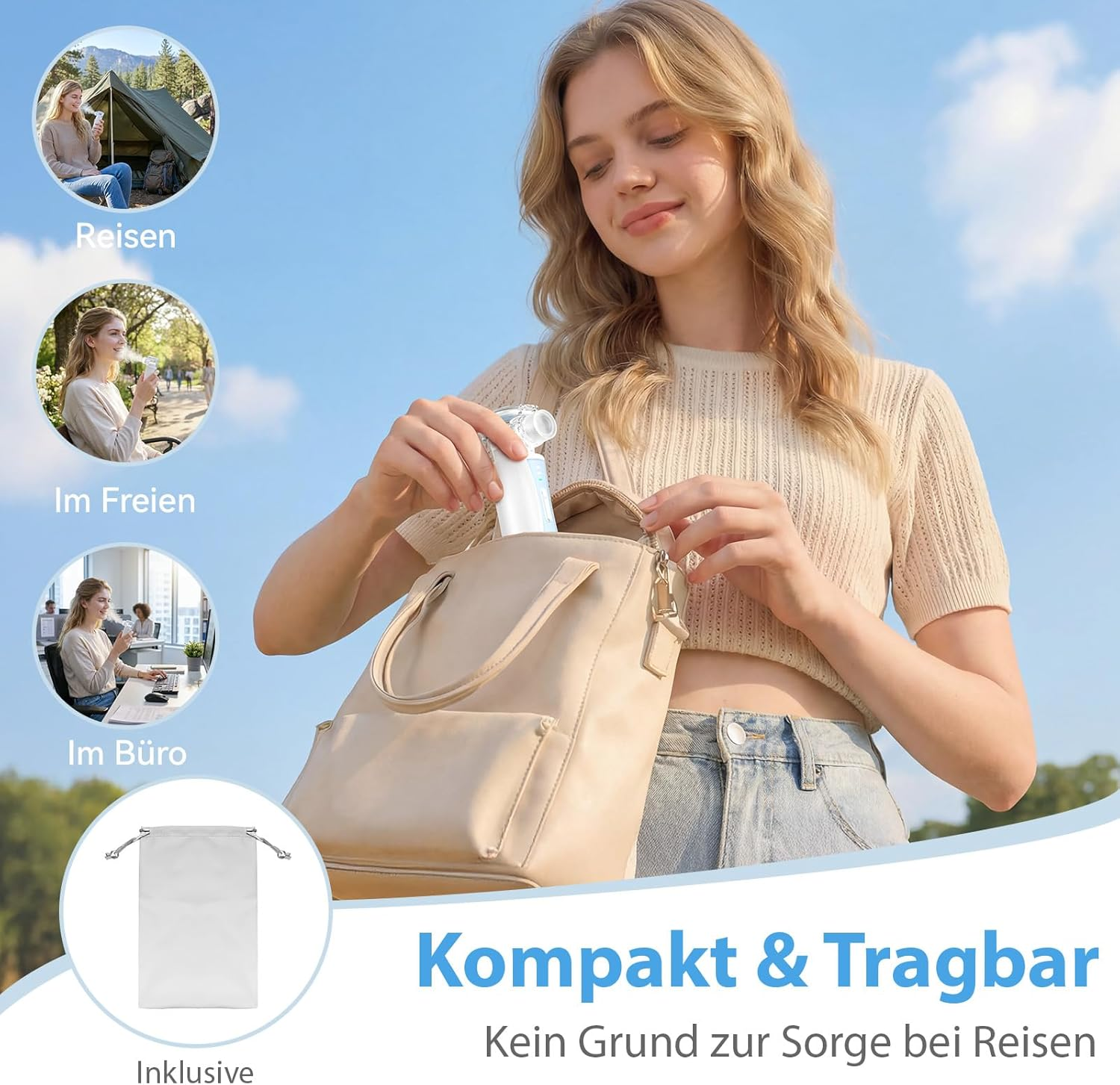 Eine Frau packt einen zerstäuber in eine Tasche. Kleine Bilder zeigen Reisen, draußen und im Büro.