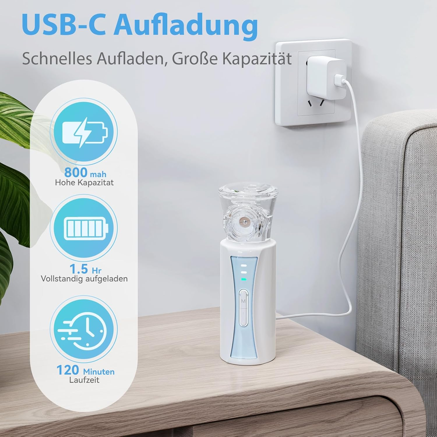 Ein Vernebler wird über USB-C geladen. Details zeigen 800 mAh, 1.5 Std Ladezeit, 120 Min Laufzeit.