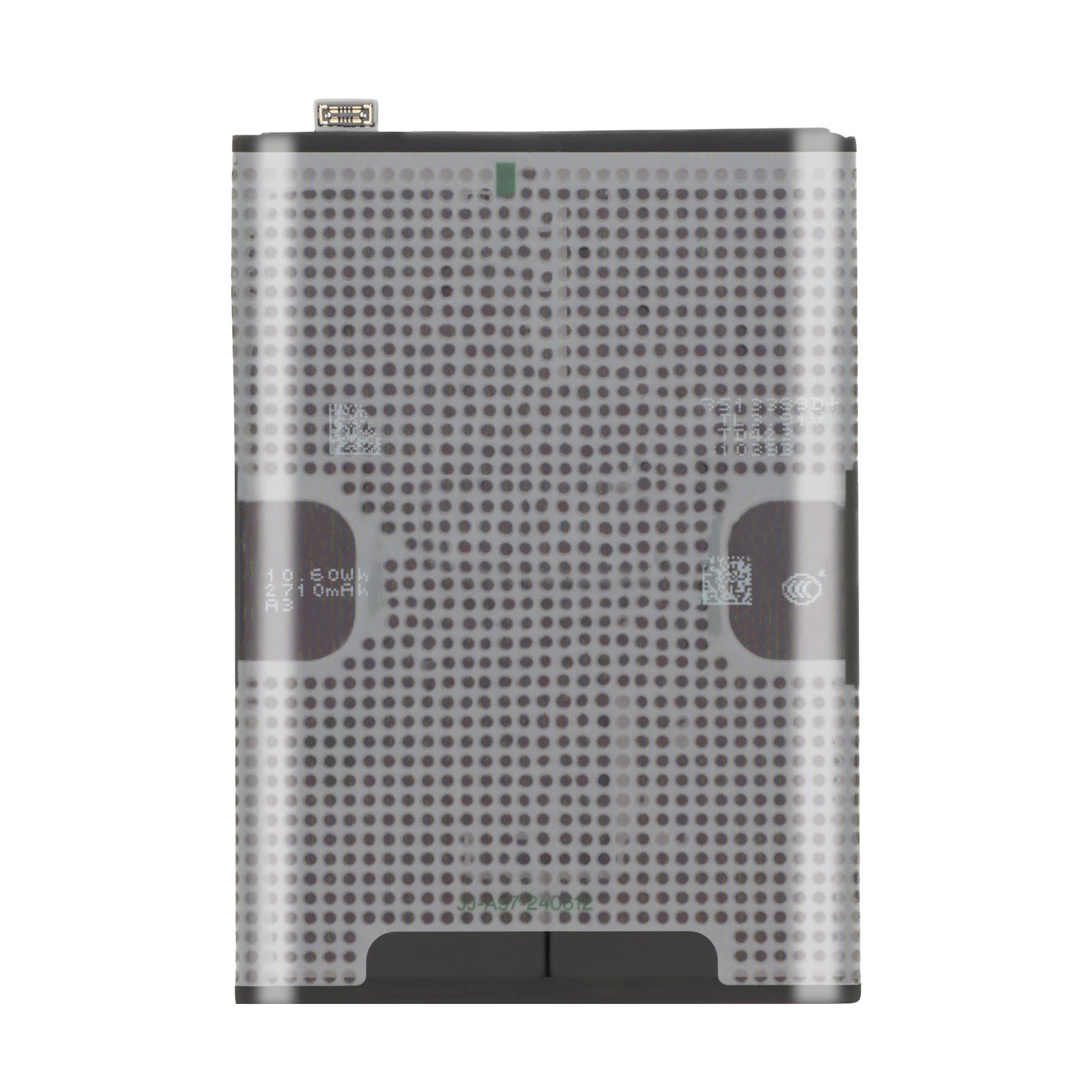 Una batteria rettangolare con motivo perforato e connettore in alto.