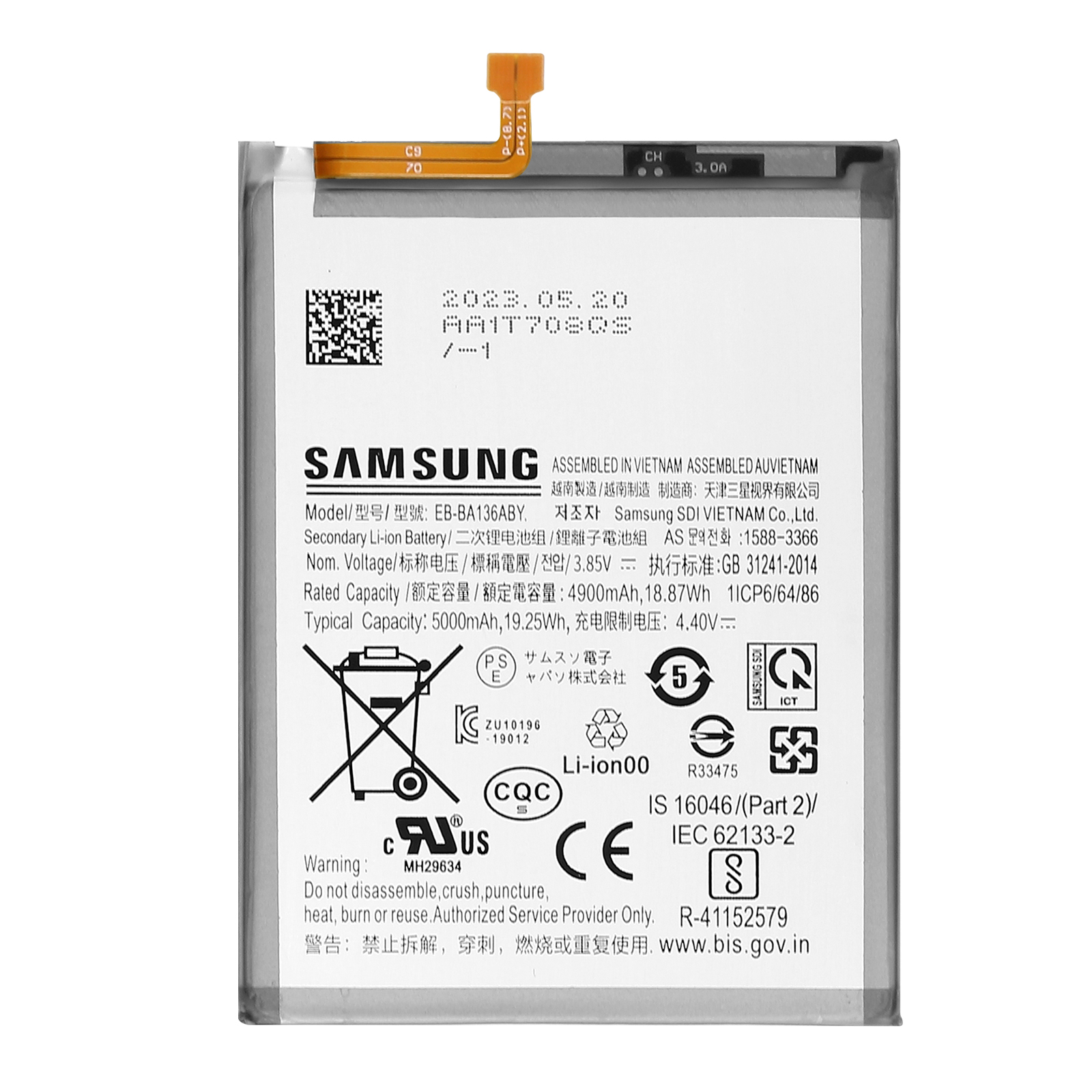 Samsung Akku EB-BA136ABY, 5000mAh, Li-Ion, hergestellt in Vietnam.
