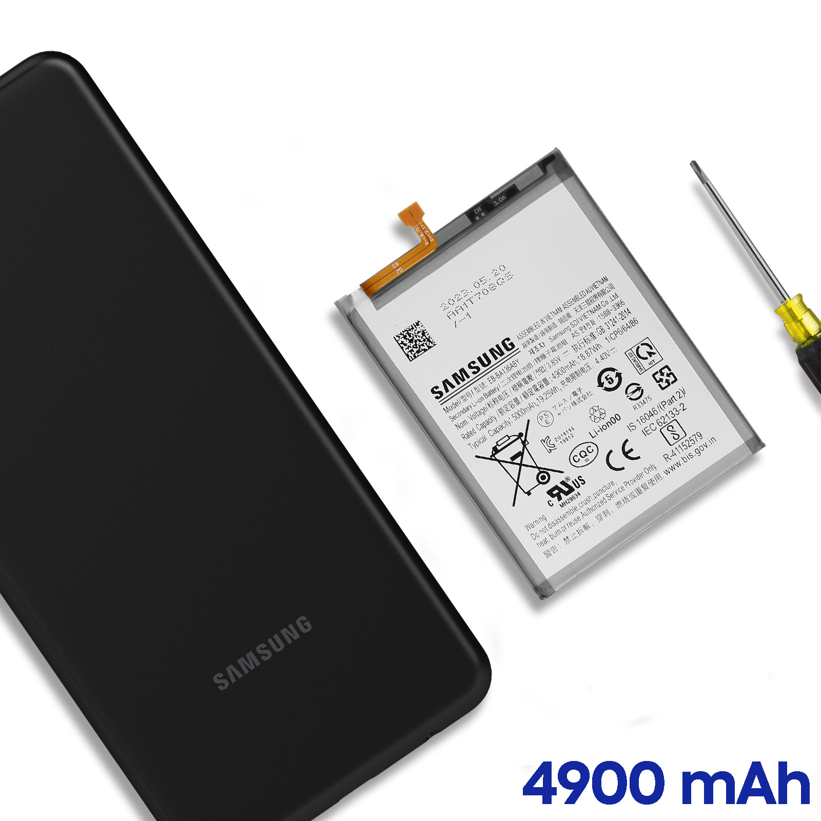 Schwarzes Smartphone-Gehäuse und Samsung-Akku mit 4900 mAh Kapazität.