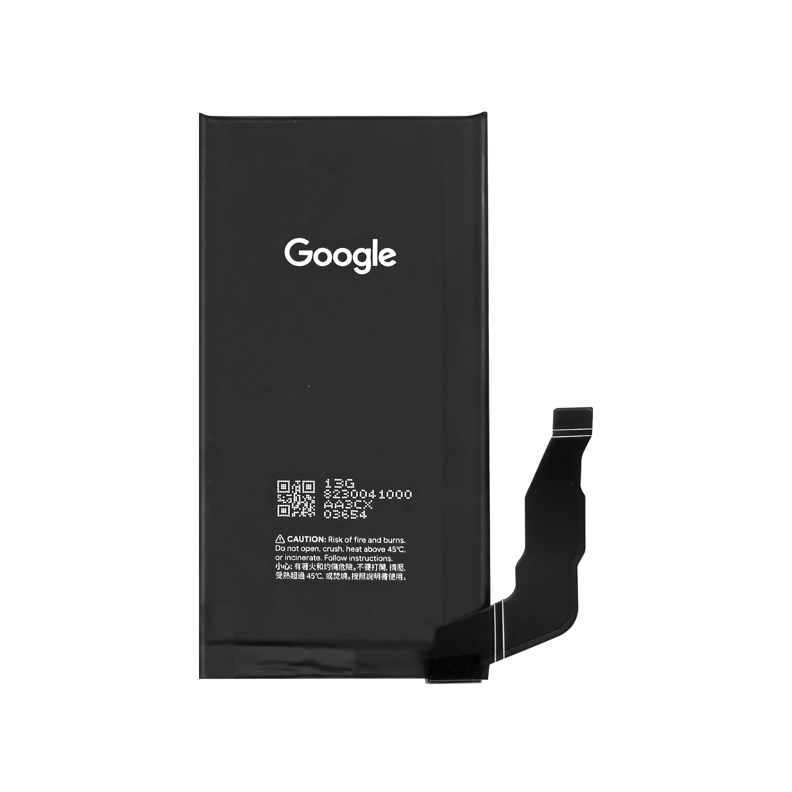 Batteria Google nera con cavo e avvertenze.