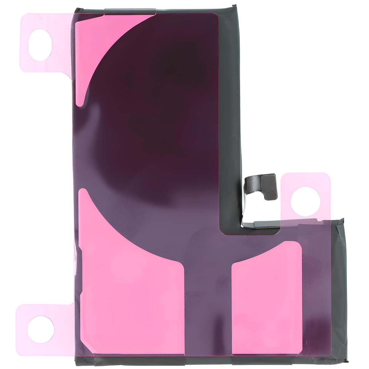 Un componente piatto e rettangolare con strisce adesive rosa e un'area scura e lucida.