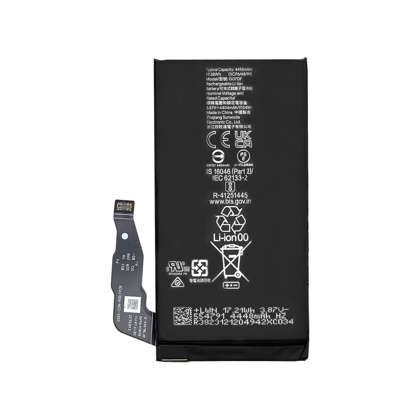 Batteria nera con cavo, capacità 4492mAh, indicatore di carica e marchi di certificazione.