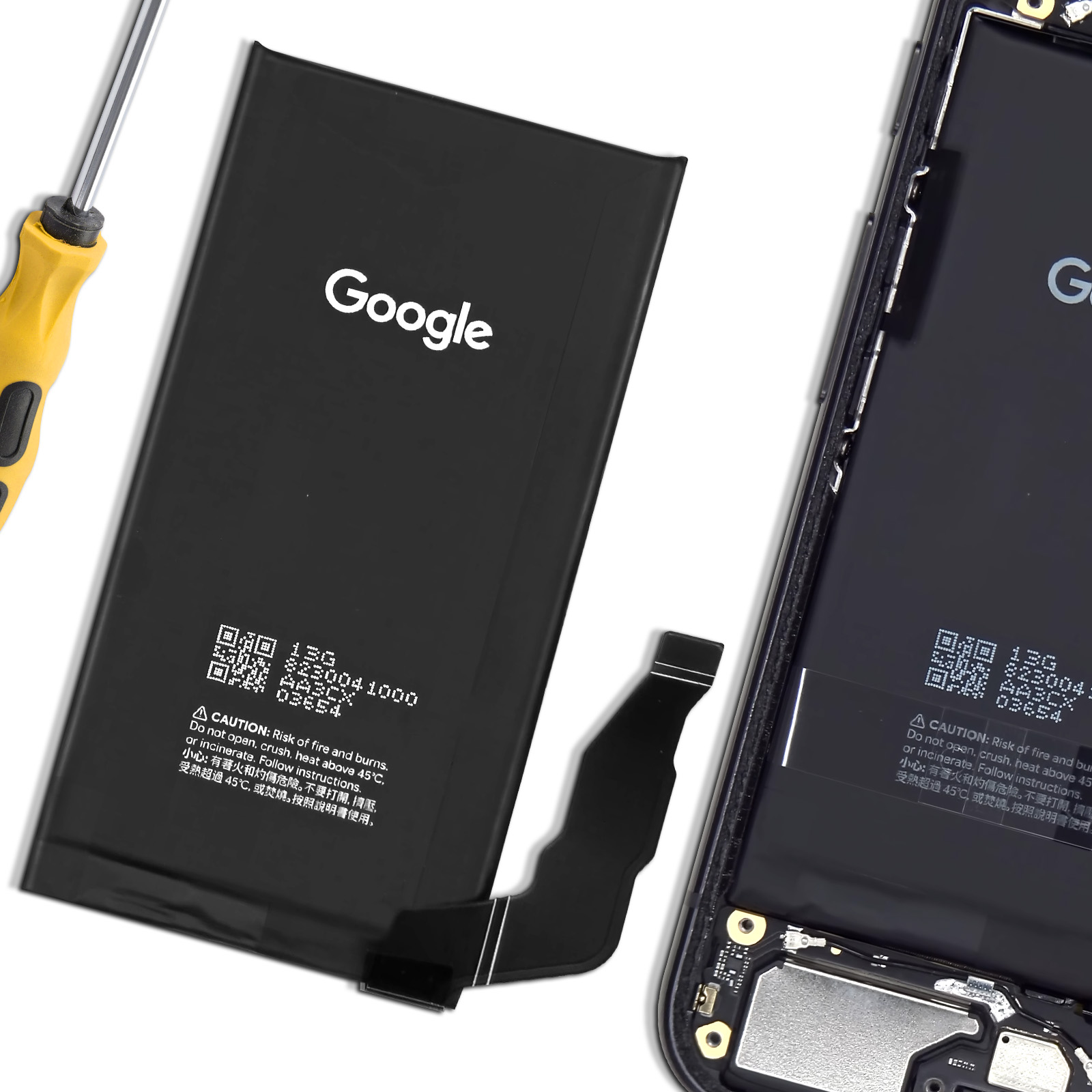 Una batteria Google e la scocca di uno smartphone accanto a un cacciavite.