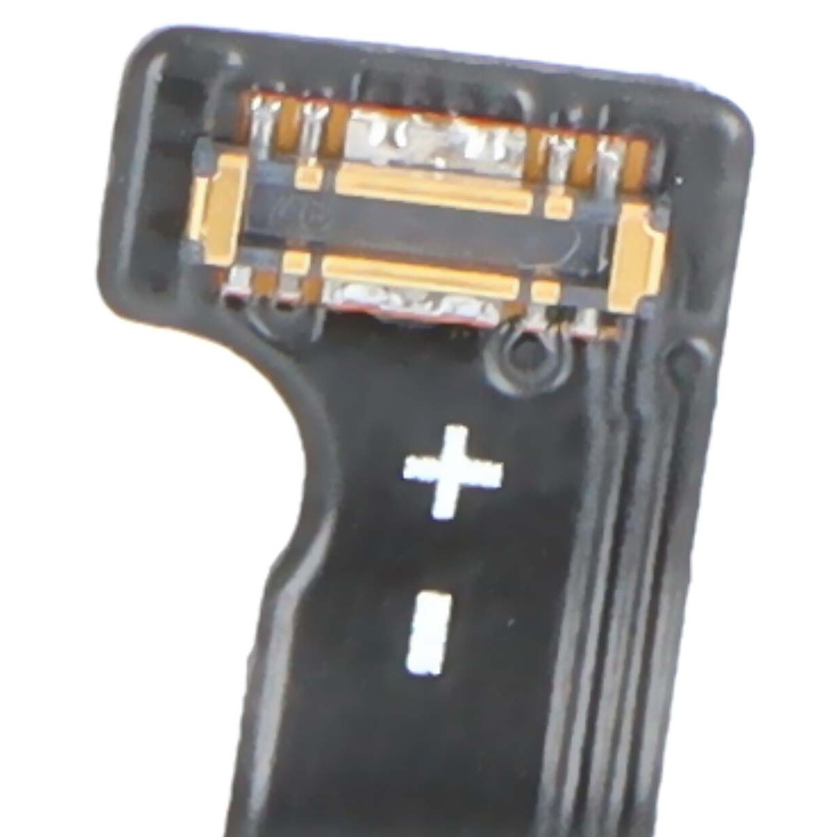 Cavo flessibile nero con contatti dorati e simboli più/meno.