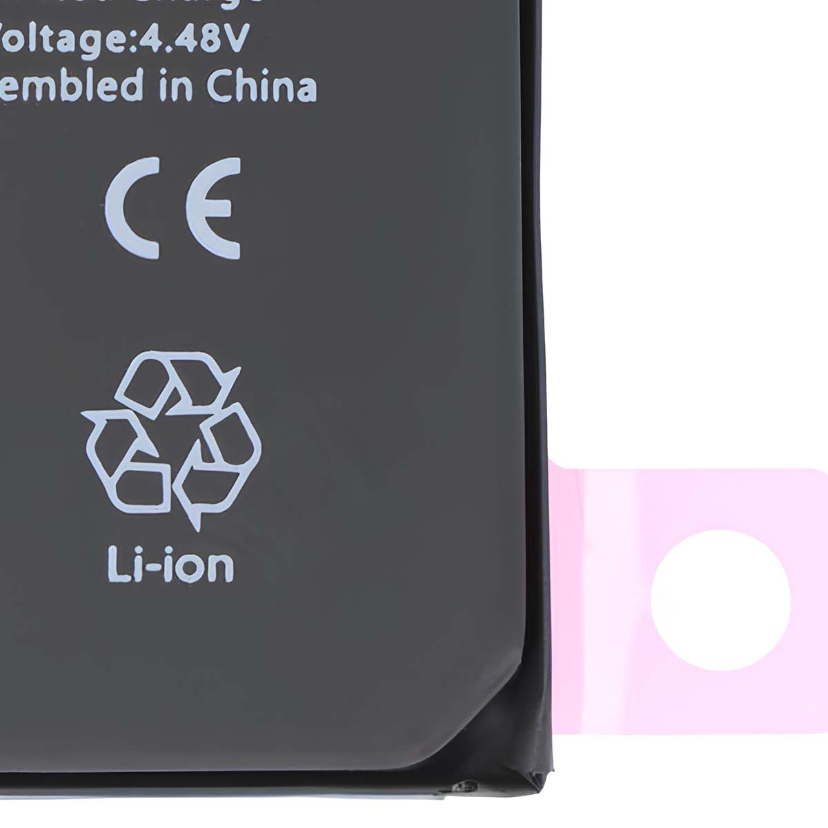 Batteria nera con loghi CE e riciclo. Testo: 'Li-ion'.