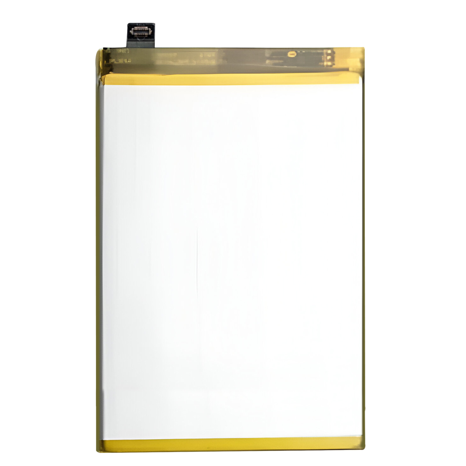 Una batteria rettangolare con bordi dorati e un connettore nero.