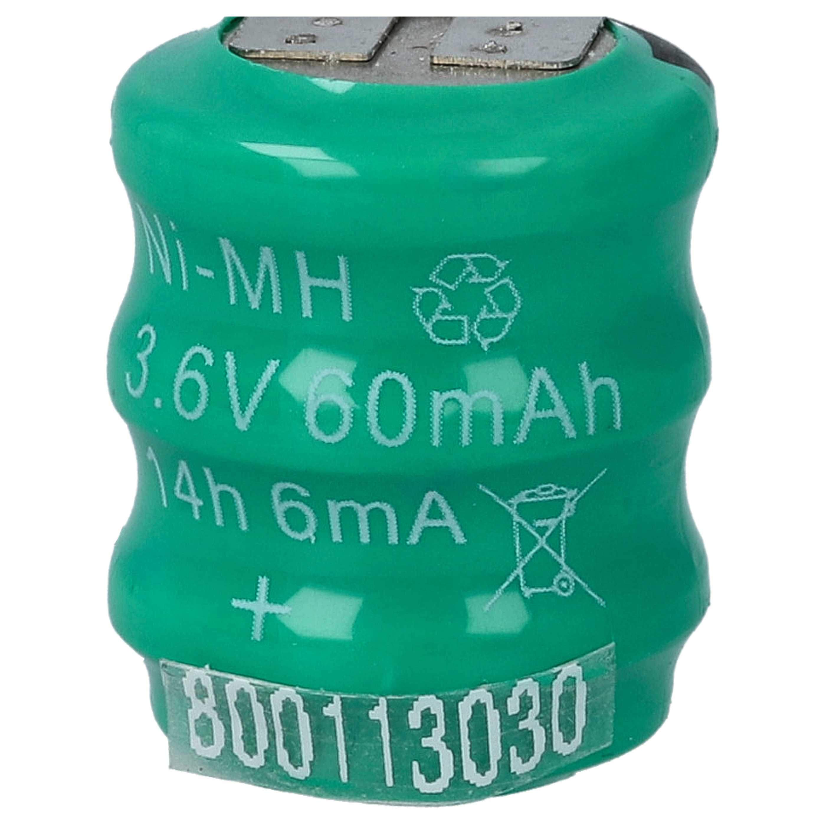 Grüne Ni-MH Batterie, 3.6V 60mAh, mit Recycling-Symbol und Nummer 800113030.