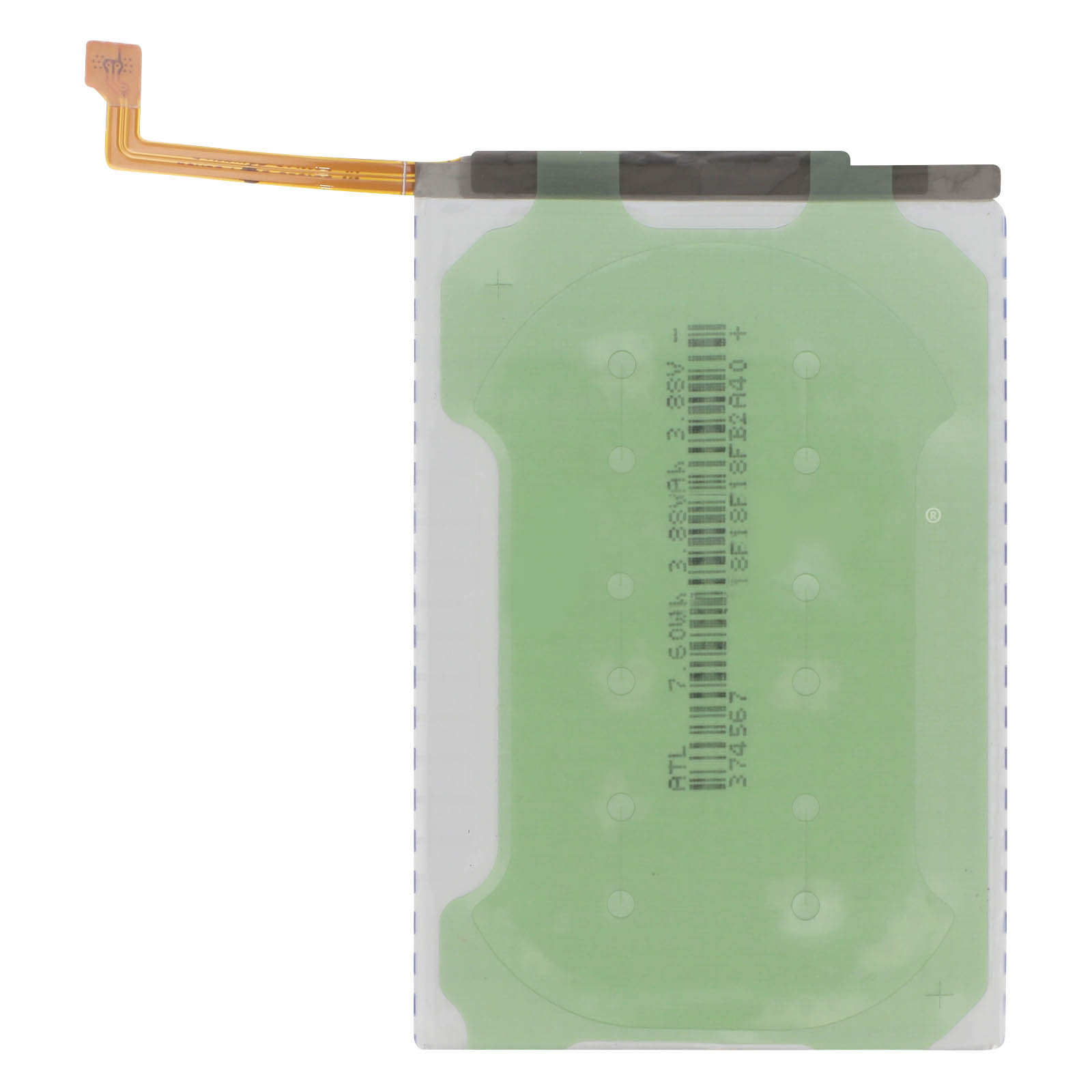 Una batteria bianca con stampa verde e un cavo piatto.