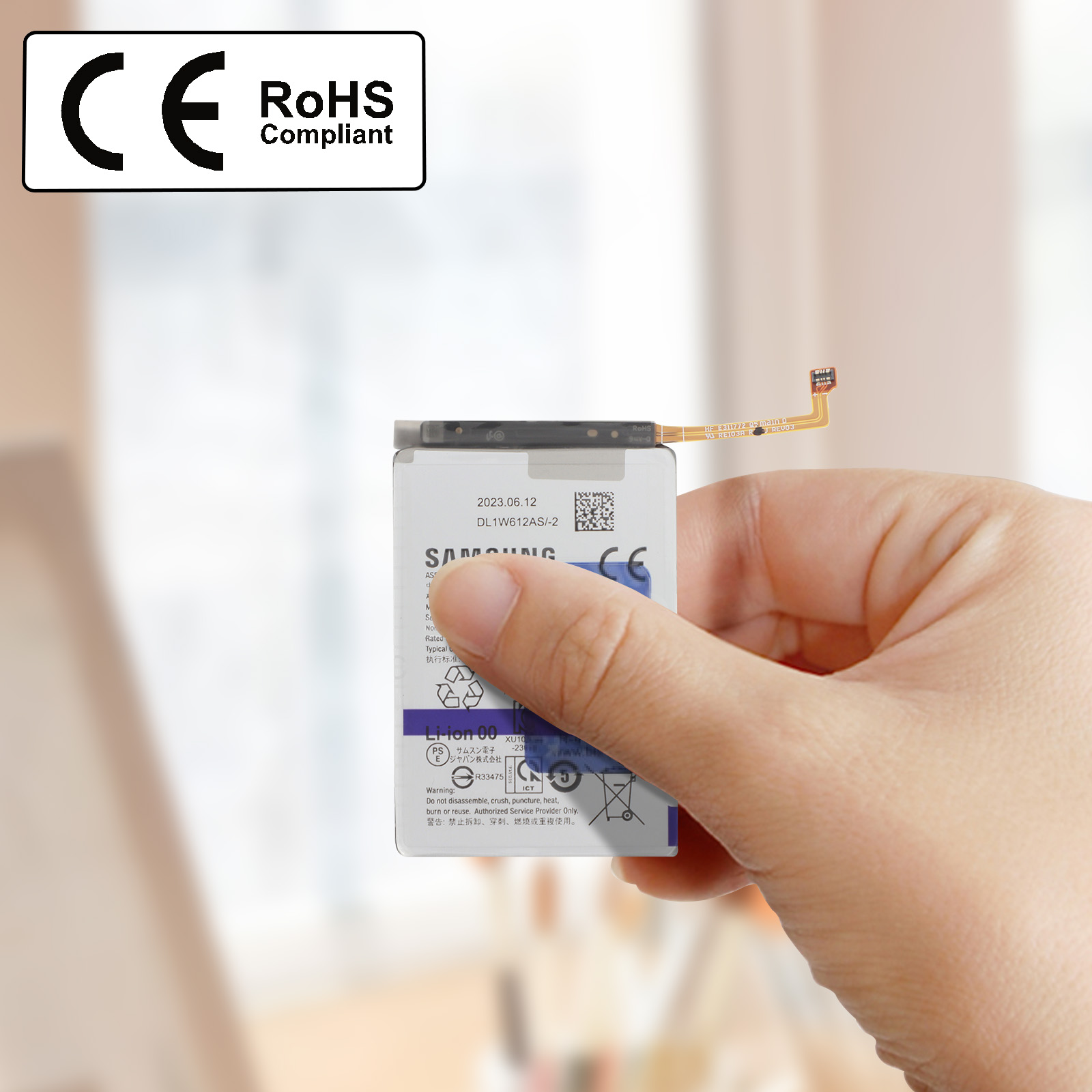 Una mano tiene una batteria Samsung con marchi CE e RoHS.