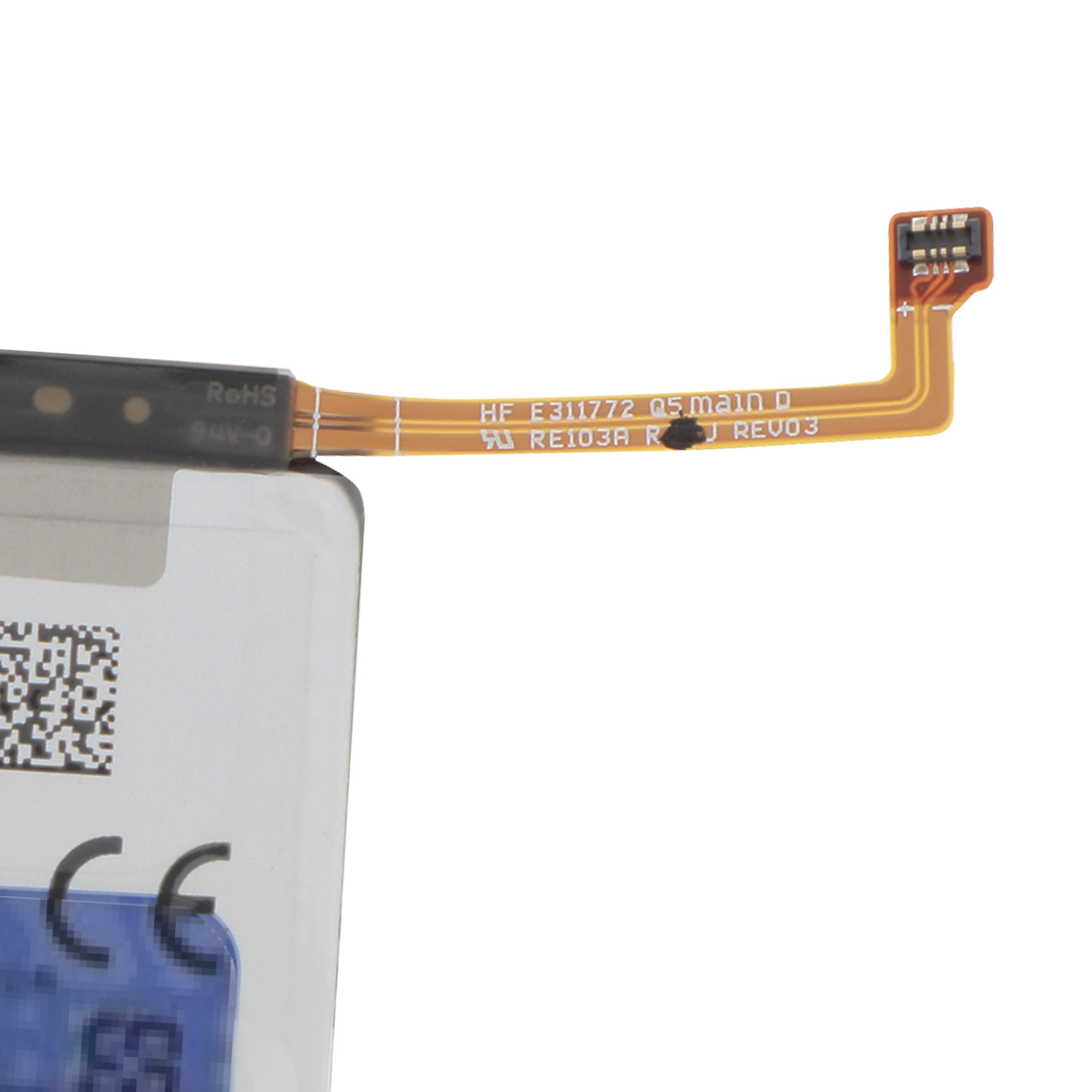 Un cavo flessibile con marcatura RoHS e una scheda di circuito con terminali positivi e negativi.