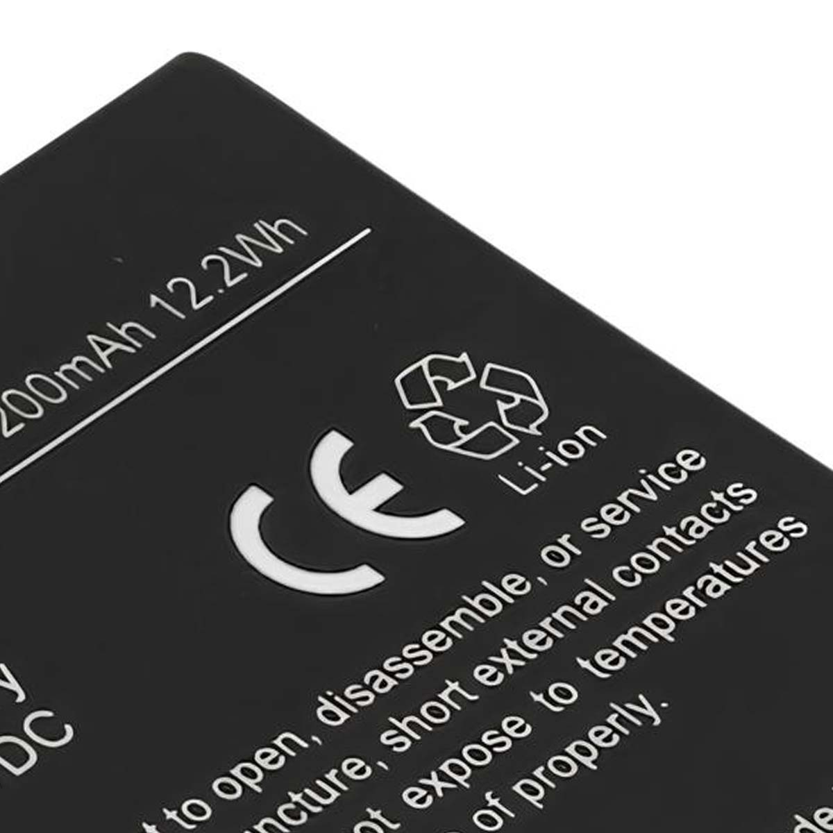 Schwarzer Akku mit 200mAh, 12.2Wh, CE, Li-ion und Recycling-Symbol.