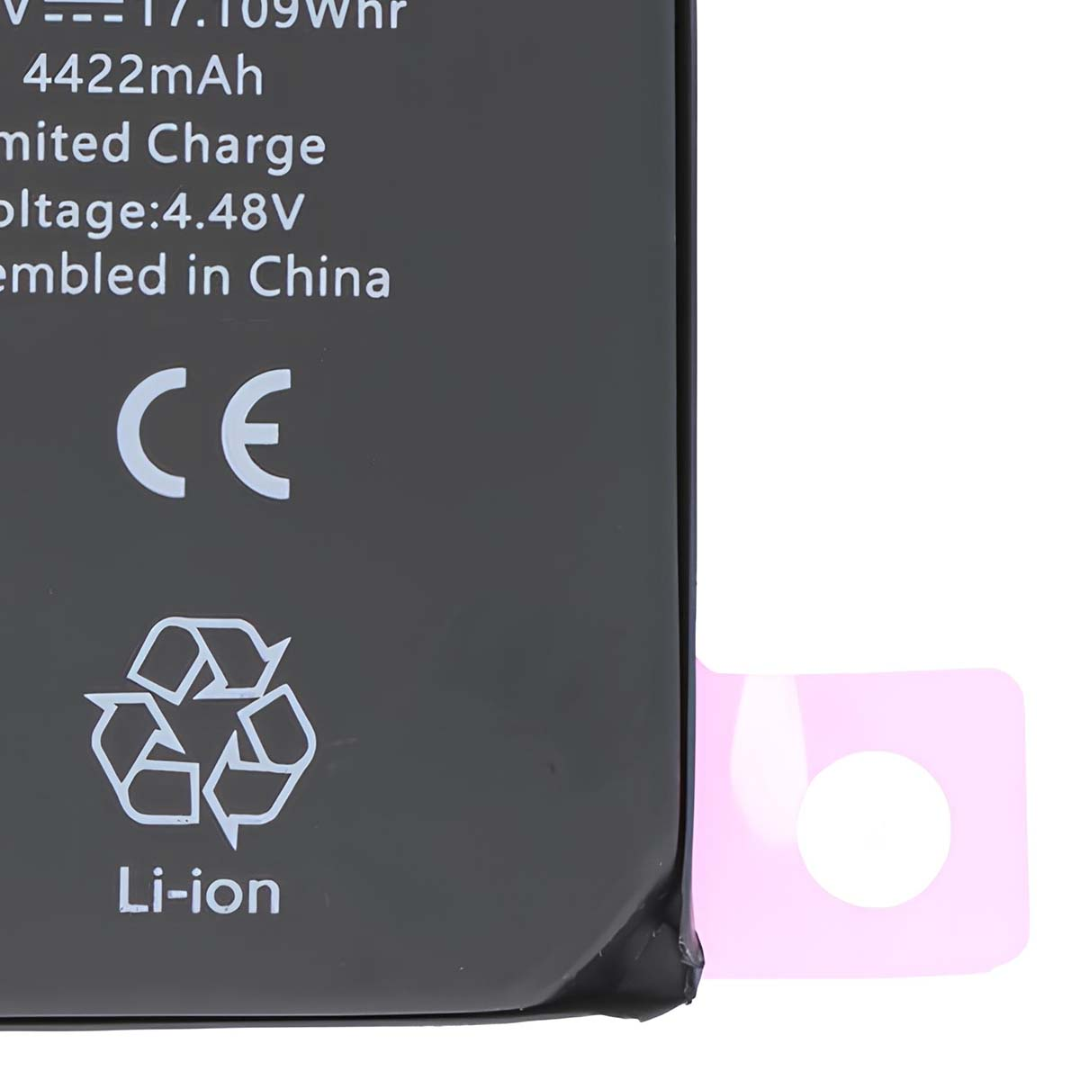 Batteria grigia con marchio CE, simbolo di riciclo e "Li-ion".