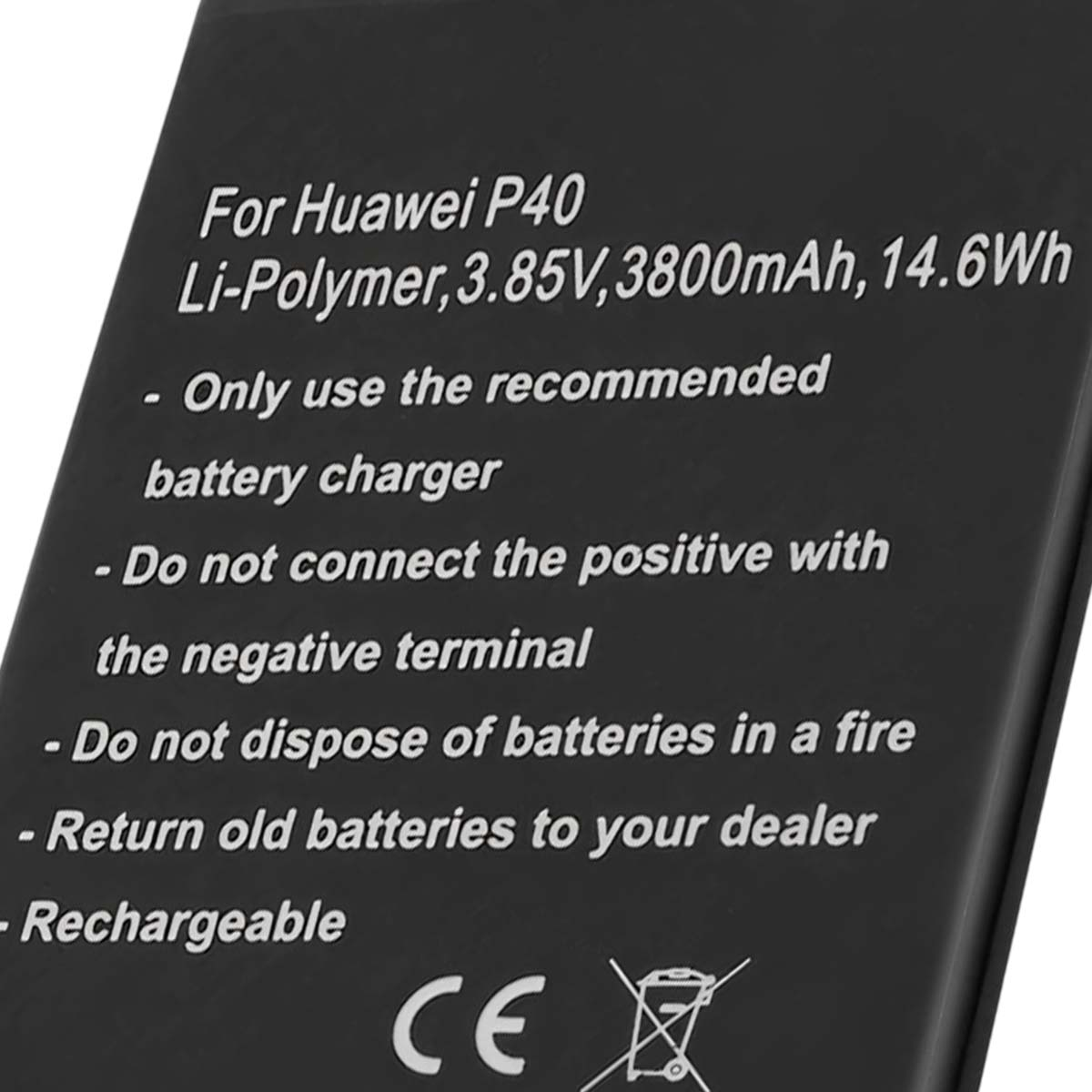 Akku für Huawei P40, Li-Polymer, 3800mAh. Enthält Warnhinweise.