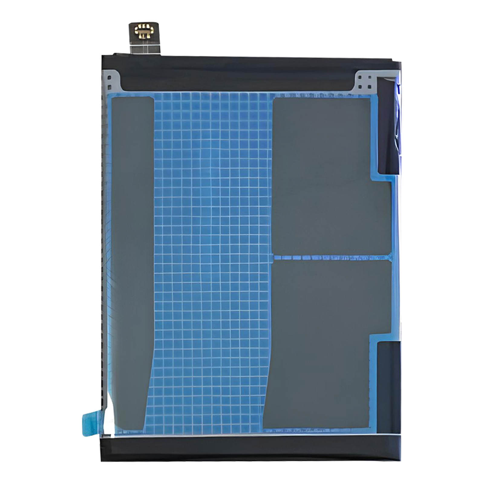 Una batteria nera con motivo a griglia blu e sezioni grigie.