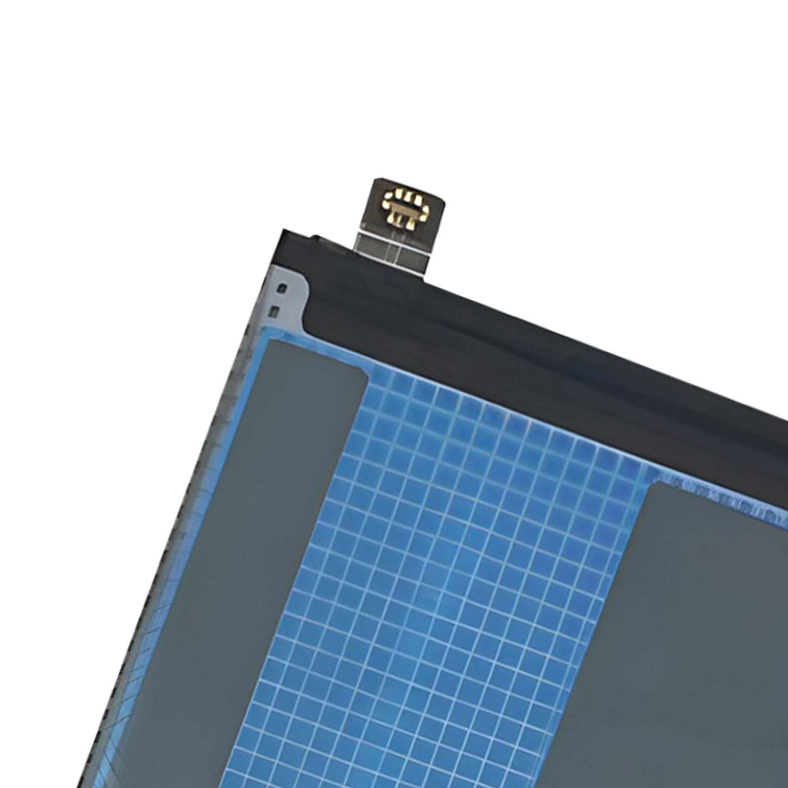 Primo piano di una batteria nera con cavo di collegamento flessibile e motivo a griglia blu.