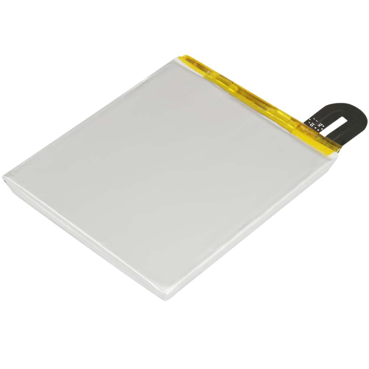 Eine flache weiße Lithium-Polymer-Batterie mit gelbem Klebeband und schwarzen Anschlüssen.