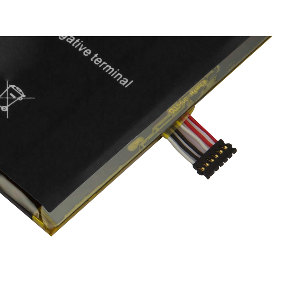 Batteria nera con connettore a cavo e testo "negative terminal".