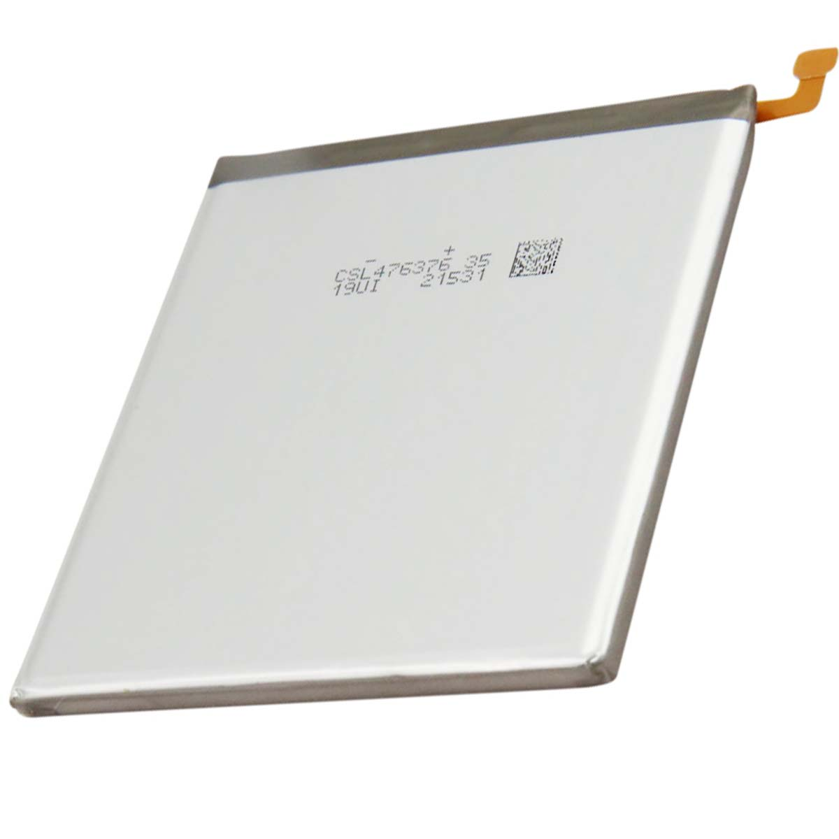 Una batería blanca con un conector naranja y texto negro.