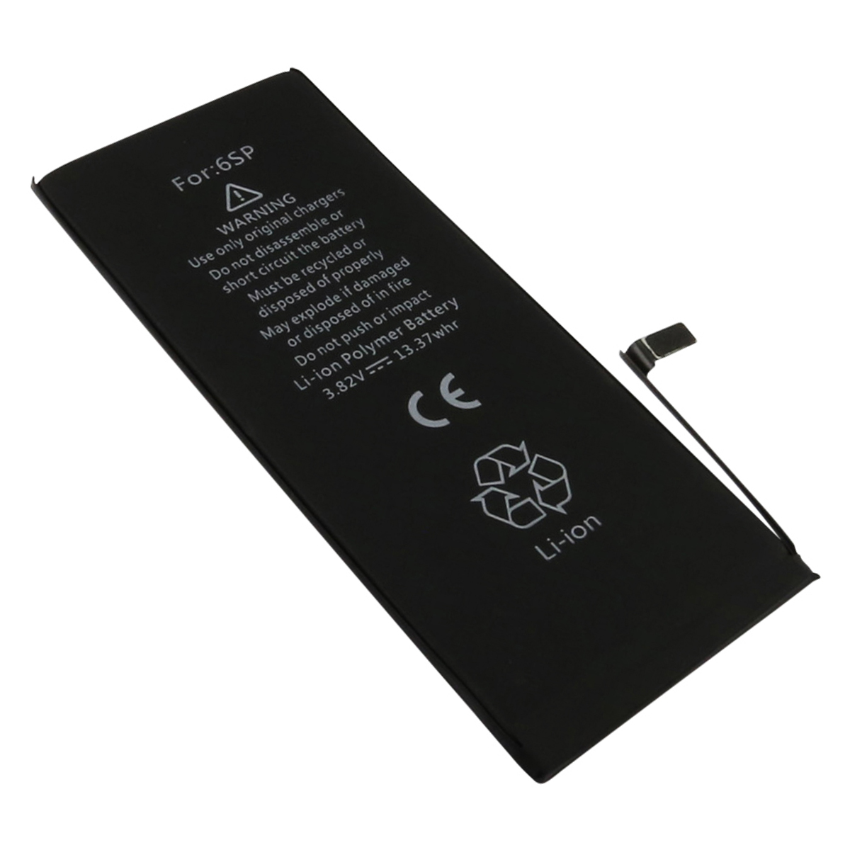 Batteria Li-ion nera per iPhone 6SP con avvertenze e marchio CE.