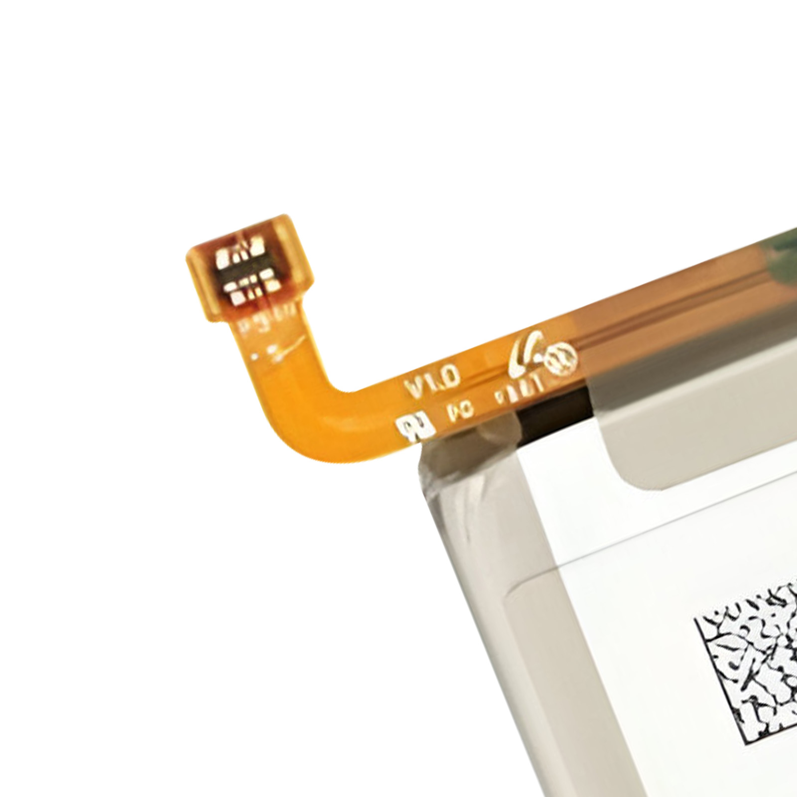 Ein orangefarbenes Flexkabel mit Anschlüssen auf einem weißen Akku.