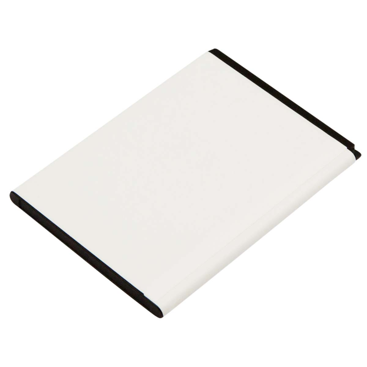 Una batteria bianca con bordo nero, su sfondo bianco.