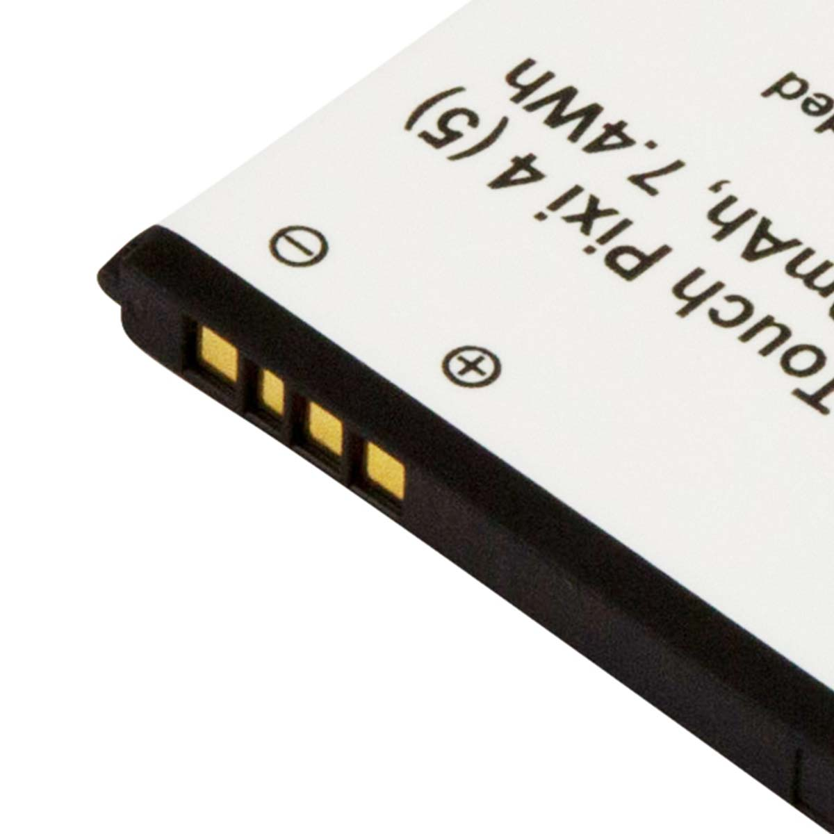 Primo piano di una batteria bianca con contatti neri e testo.