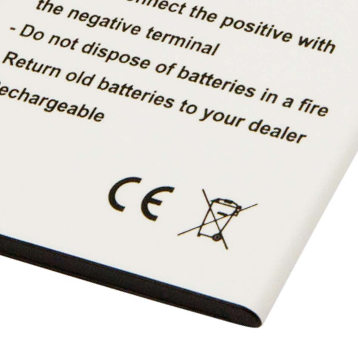 Batteria con simboli CE e cestino barrato. Il testo menziona lo smaltimento.