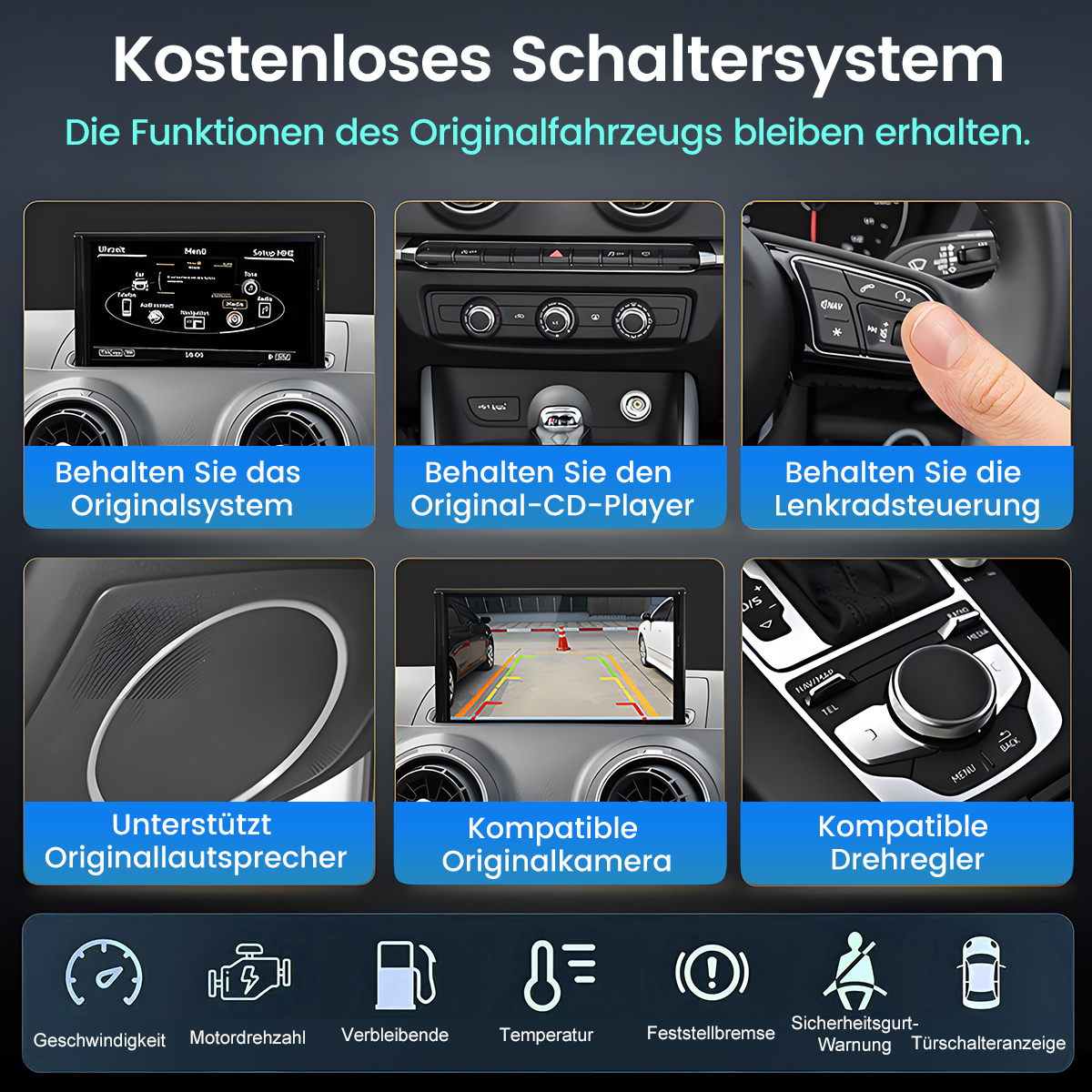 Infografik zeigt Auto-Features: Originalsystem, CD-Player, Lenkradsteuerung, Lautsprecher, Kamera, Drehregler.