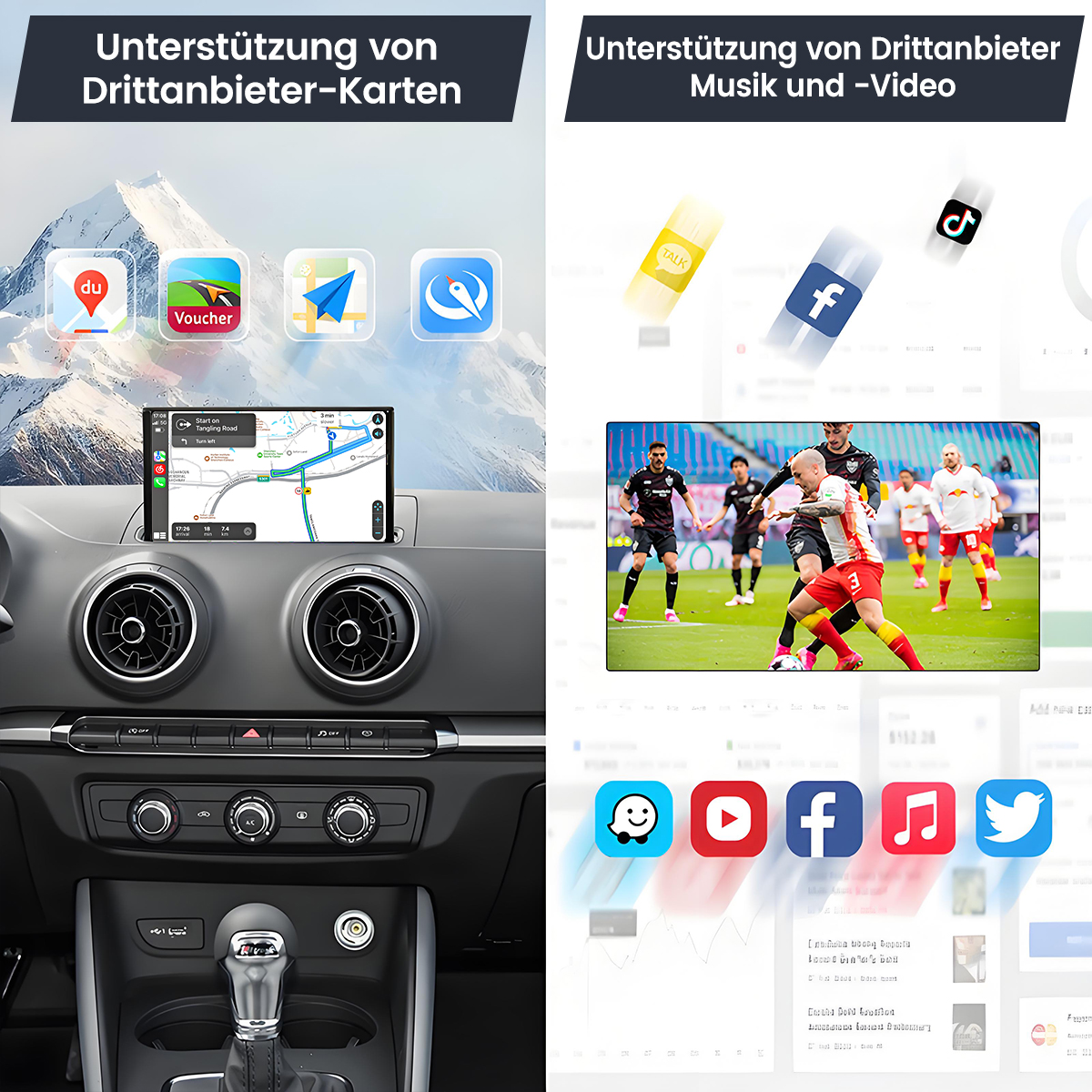 Auto-Infotainment mit Karten, Musik, Video-Apps und Fußballspielern.