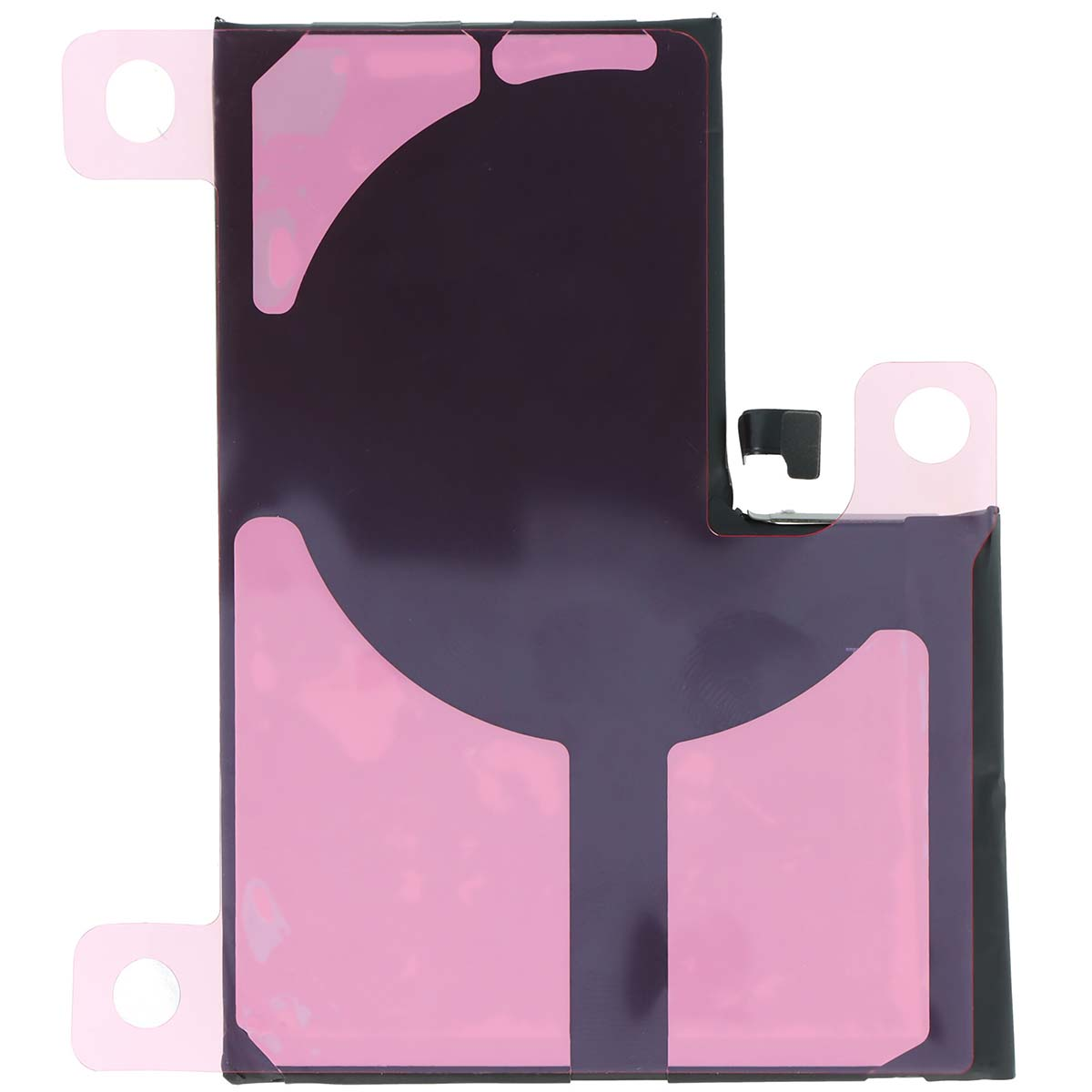 Un objeto rectangular oscuro con tiras adhesivas rosas y un recorte.
