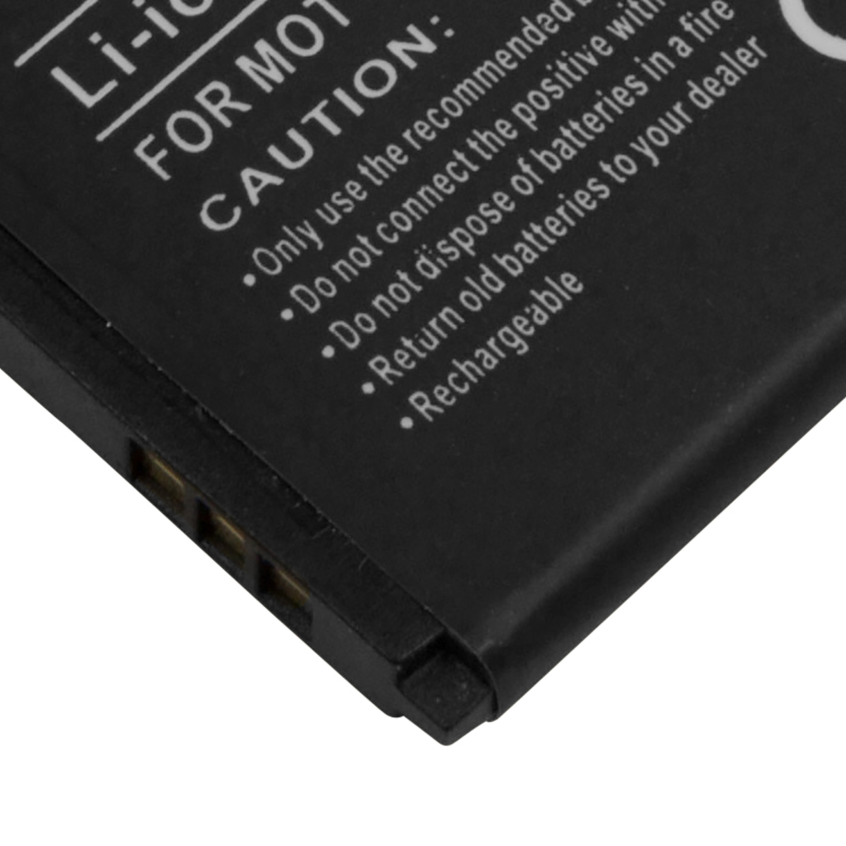 Batteria nera con testo di avvertenza: Usare solo raccomandato, non cortocircuitare.