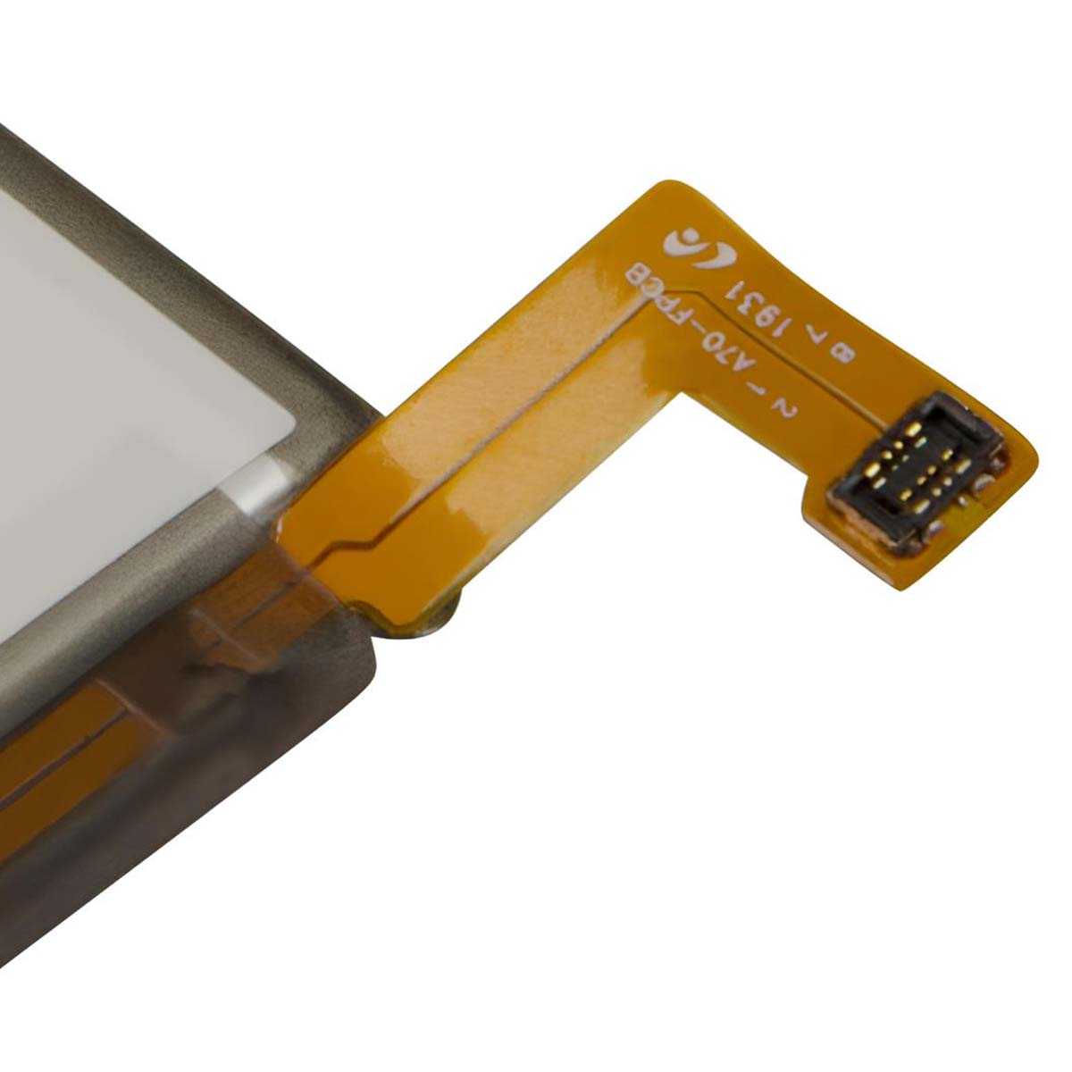 Primo piano di un circuito stampato flessibile con connettore e testo.