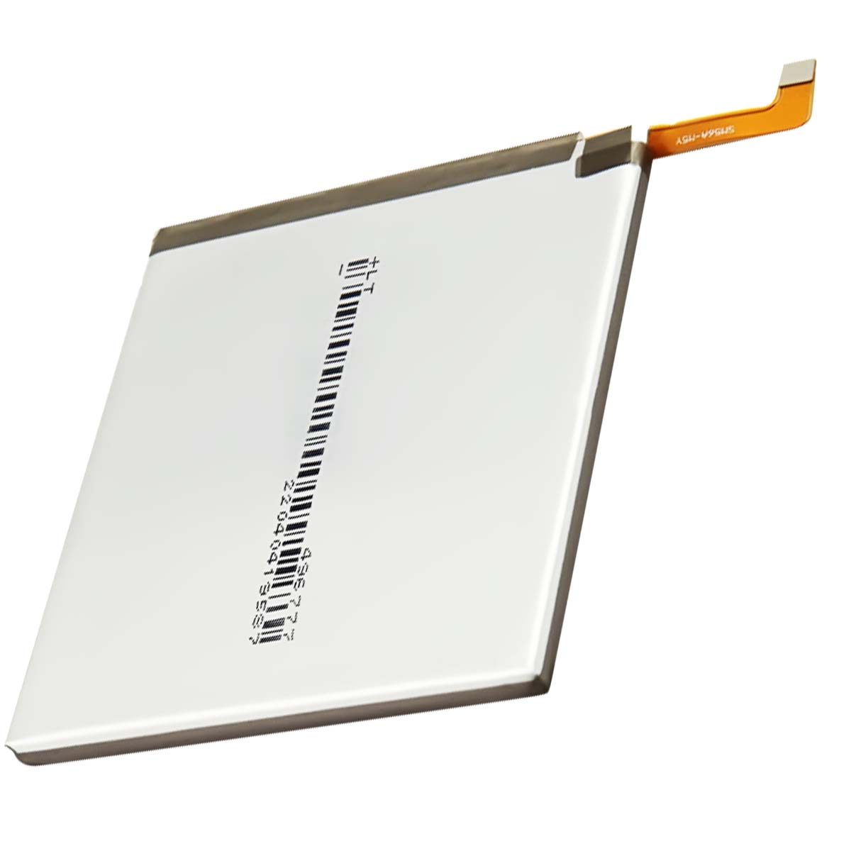 Una batteria rettangolare bianca con codice a barre nero e cavo di connessione arancione.