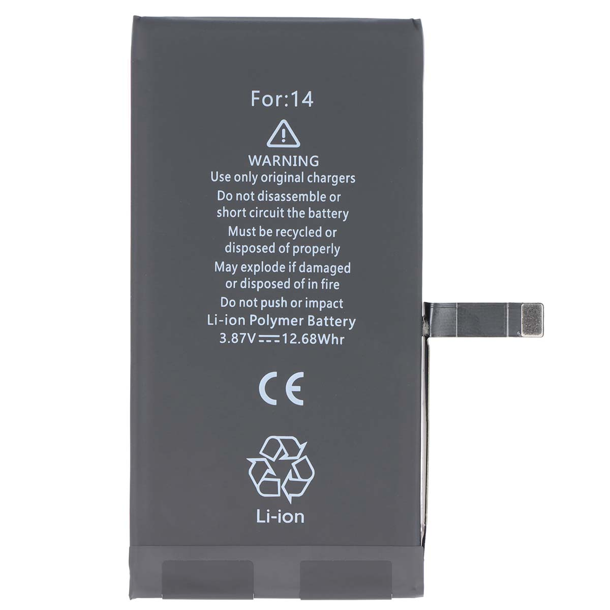 Batteria polimerica Li-ion grigia per iPhone 14, 3,87V, 12,68Whr, con simboli di avviso.