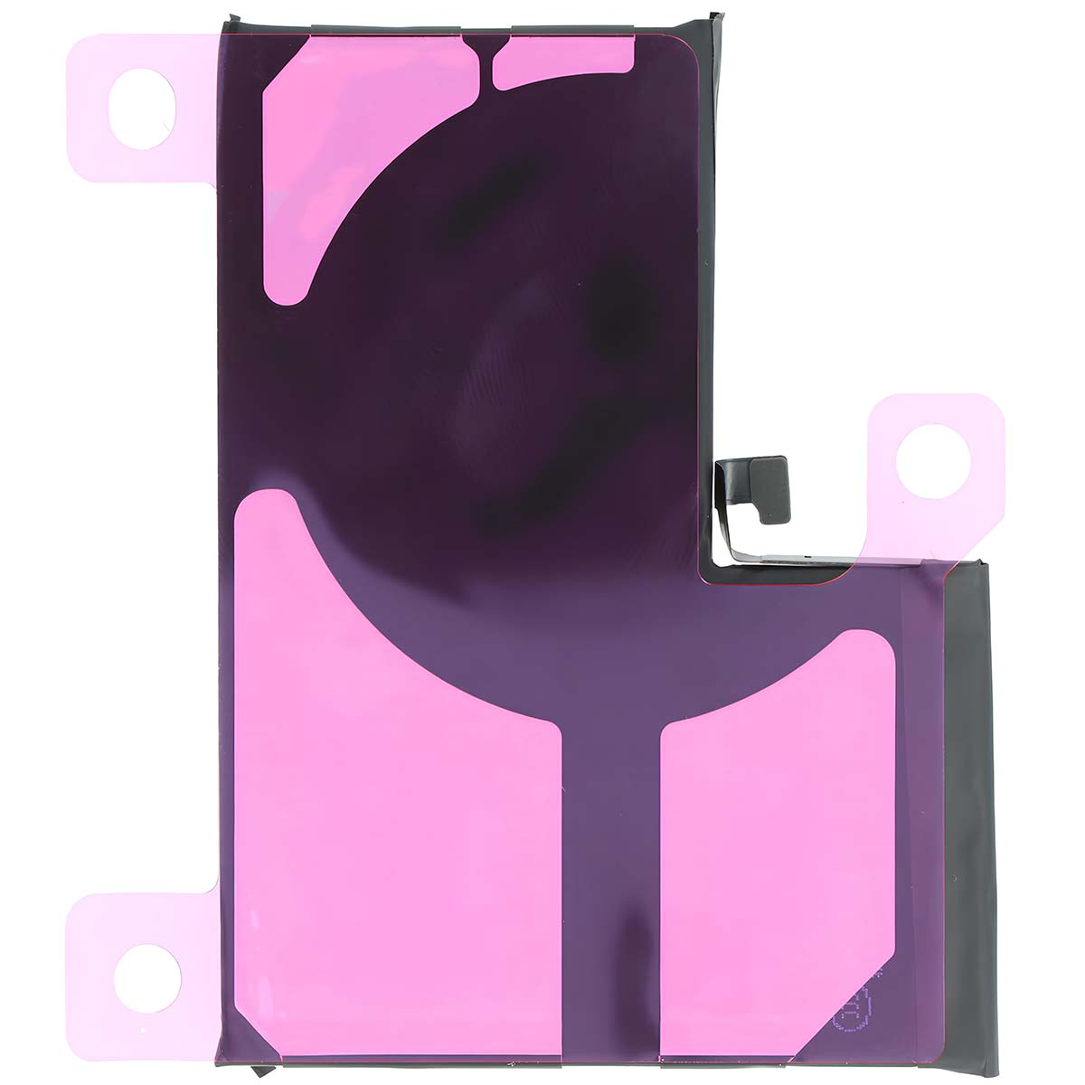 Batteria rettangolare con strisce adesive rosa e connettore nero.