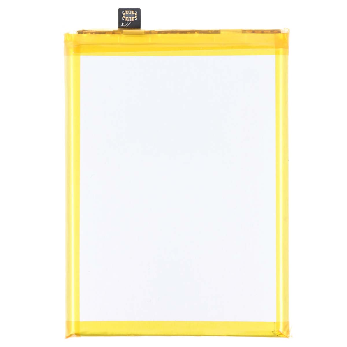 Una batteria rettangolare con bordo giallo e un piccolo connettore in alto.