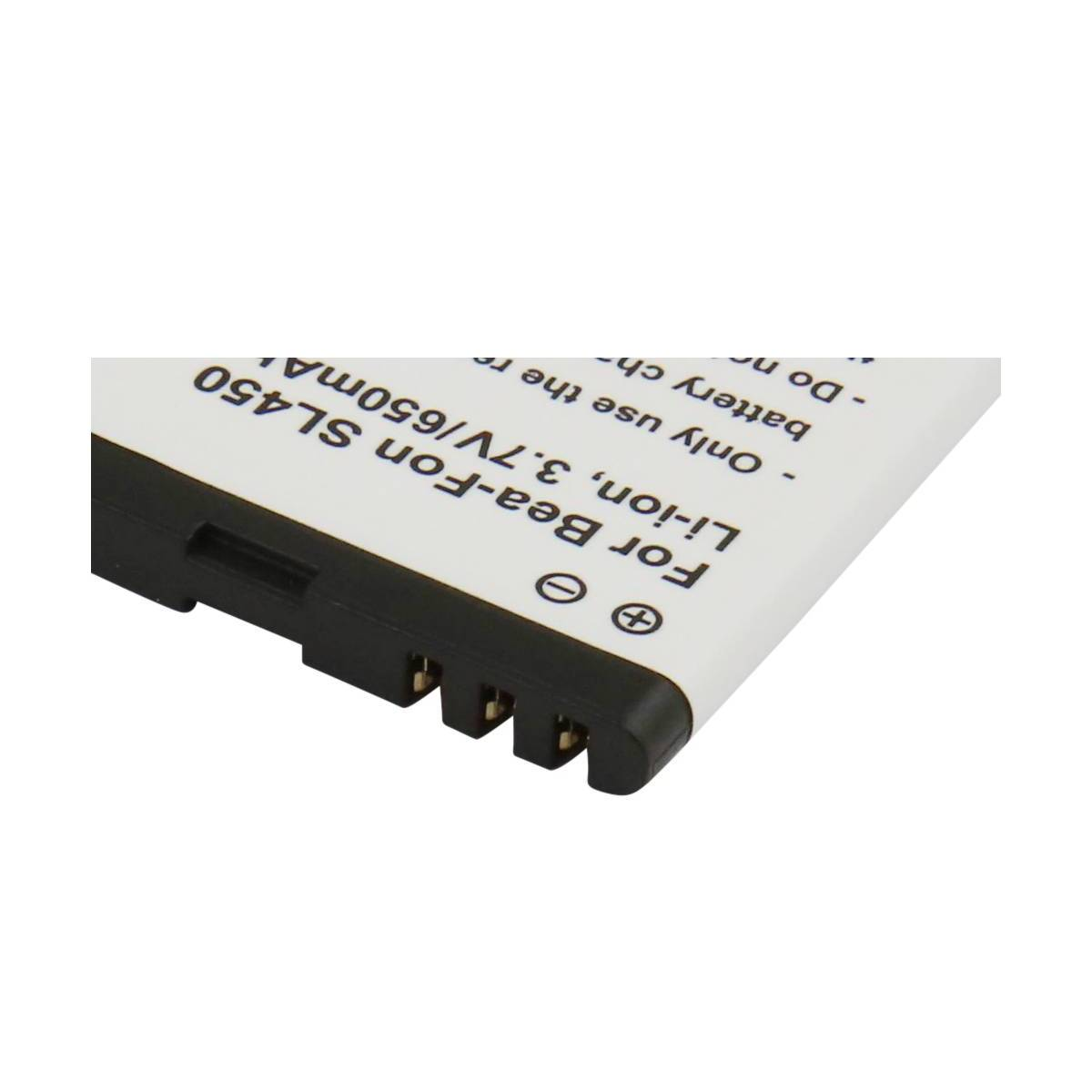 Primo piano di una batteria bianca con testo nero. Si legge 'For Bea-Fon SL450 Li-ion, 3.7V/650mA'.